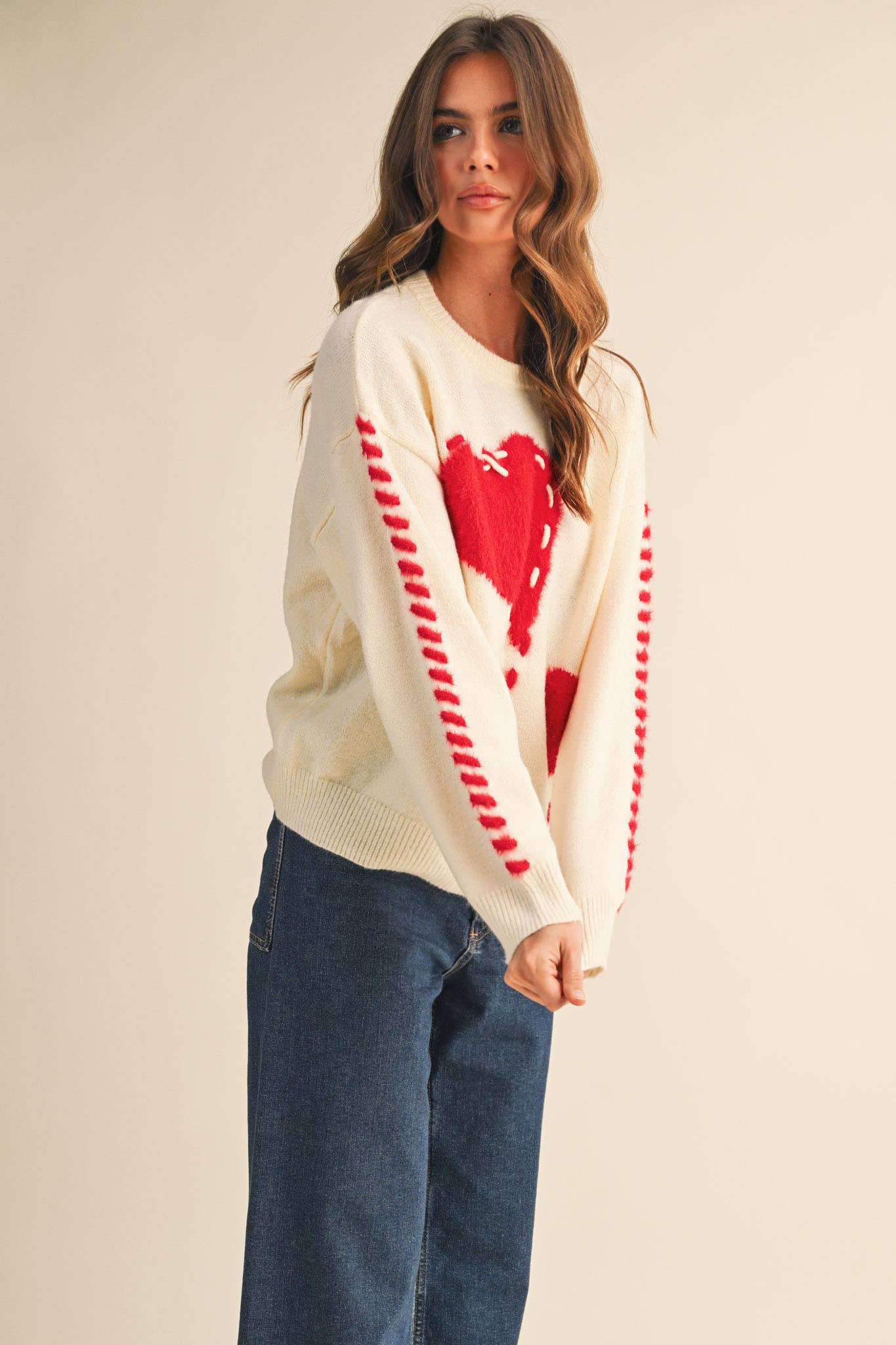 FUZZY HEART KNIT SWEATER WITH WHIP STITCH MSW10990: Red / M