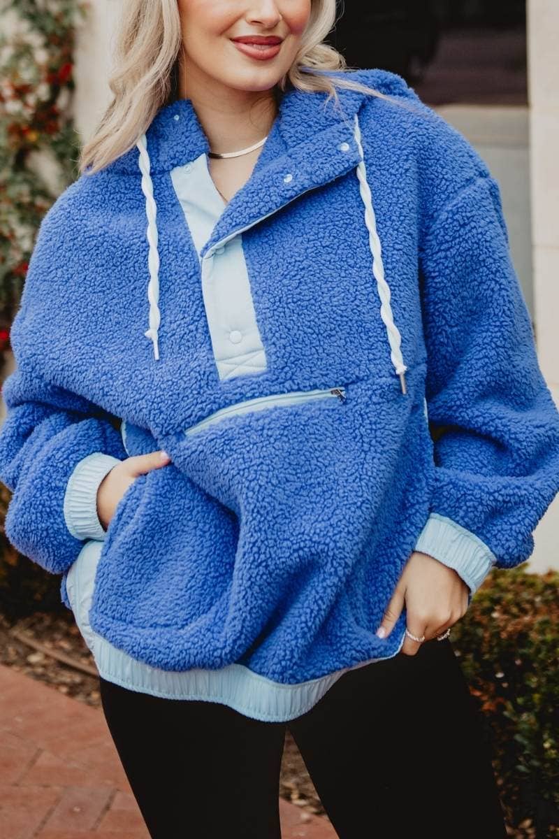 Blue Two-Toned Sherpa Fleece Wholesale Pullover: Blue / L
