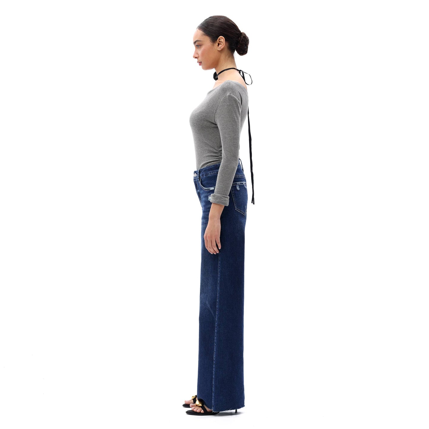 Mid Rise Wide Leg Jeans Raw Hem Vintage Distressed OSW8019: VINTAGE BLUE / 29