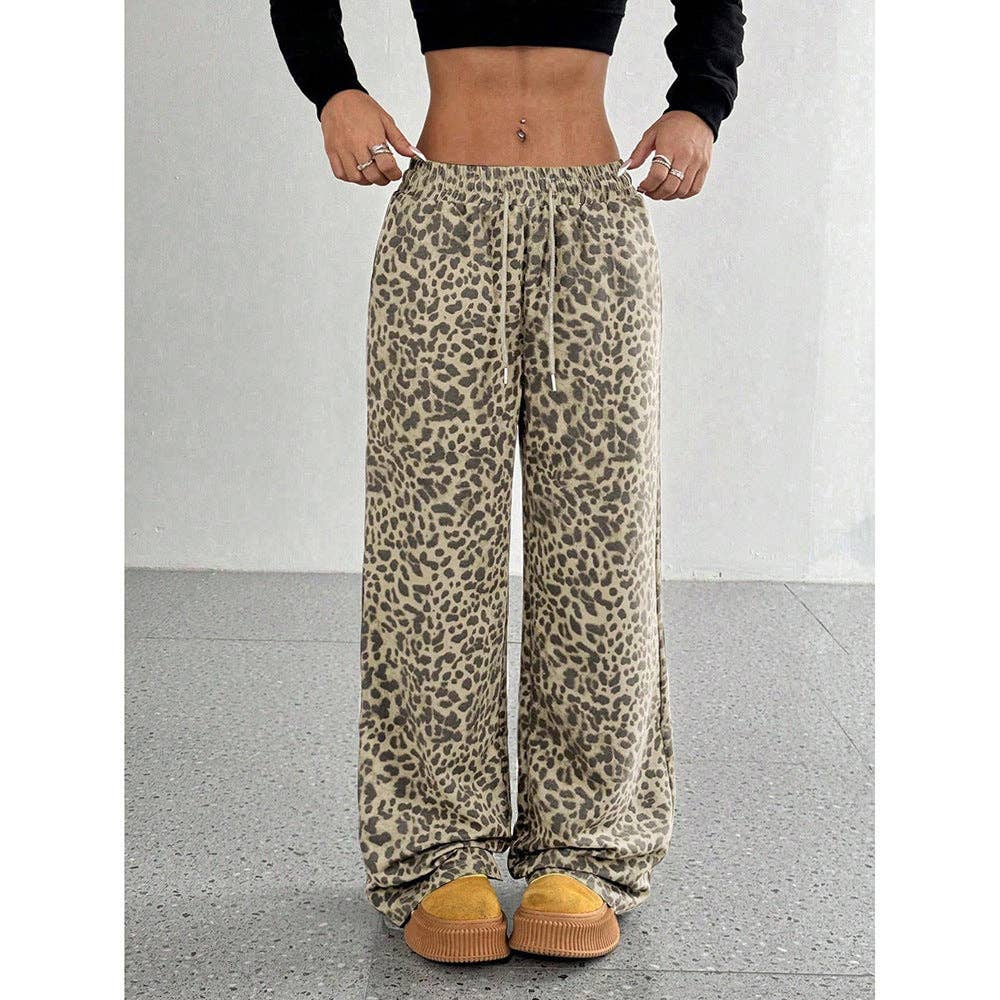 Leopard Print Wide Leg Pants High Waist Pocket Casual: Light Leopard / 100% polyester / XL