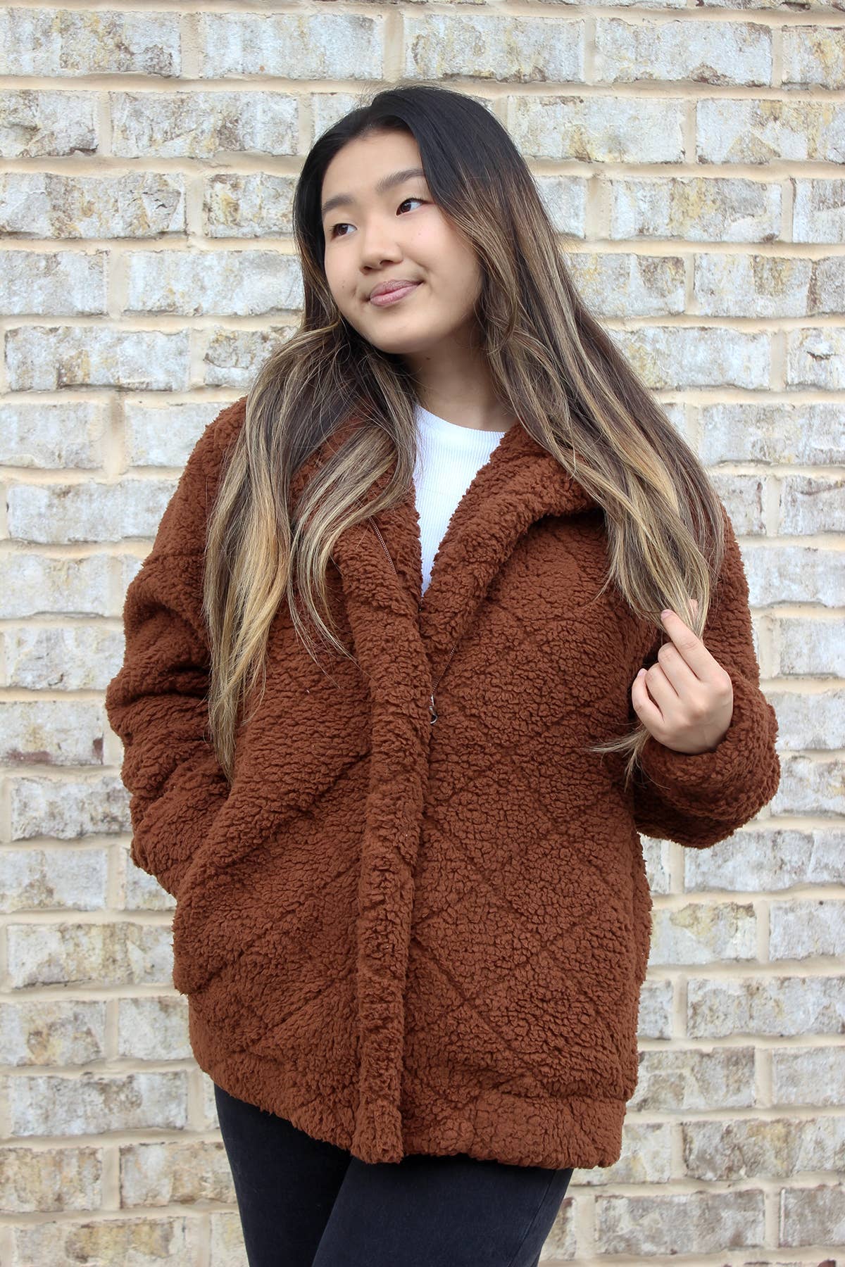 JKT2387 Candie Diamond Sherpa Jacket w/ Full Zip: Tan / L/XL