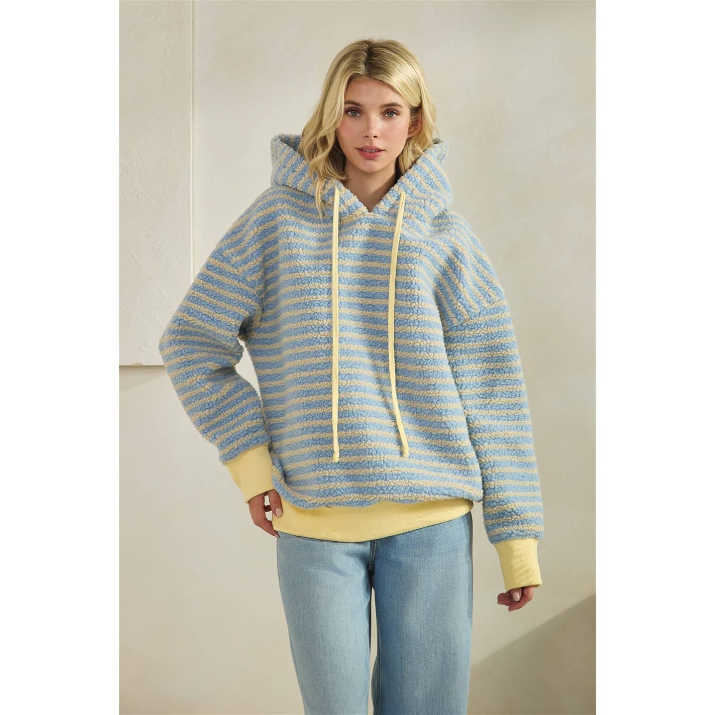 Teddy Striped Contrast Cozy Hoodie: Brown / S