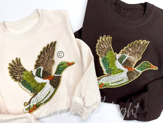 Mallard Duck Hunting Sequins Patch Sweatshirt: Sand / M