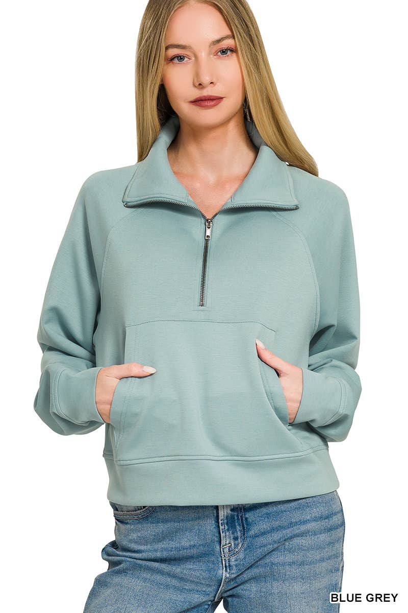Scuba Half Zip Pullover With Kangaroo Pocket Zenana: H VANILLA-190580 / S