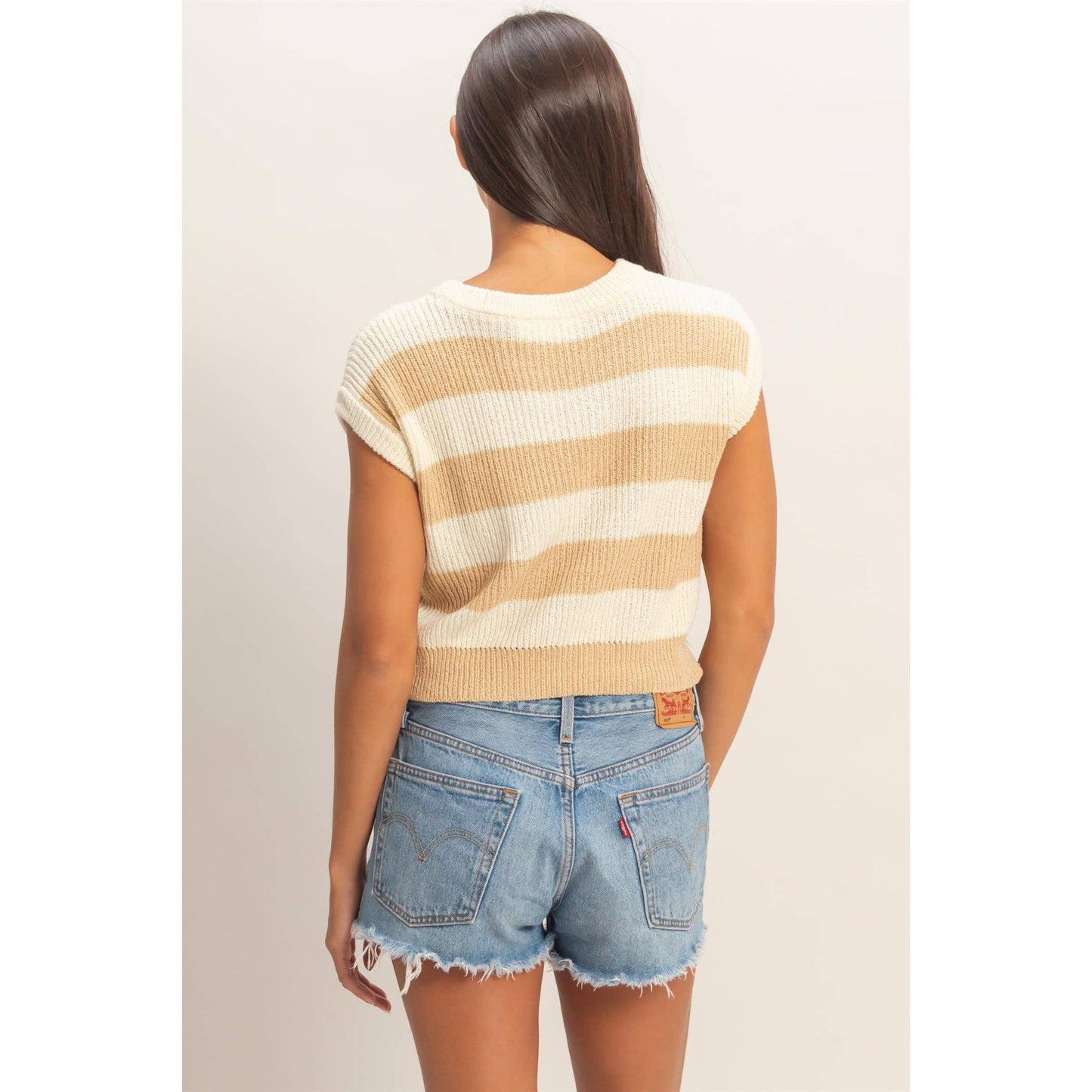 Striped Ribbed Knit Top: TAUPE / S-M-L(2-2-2)