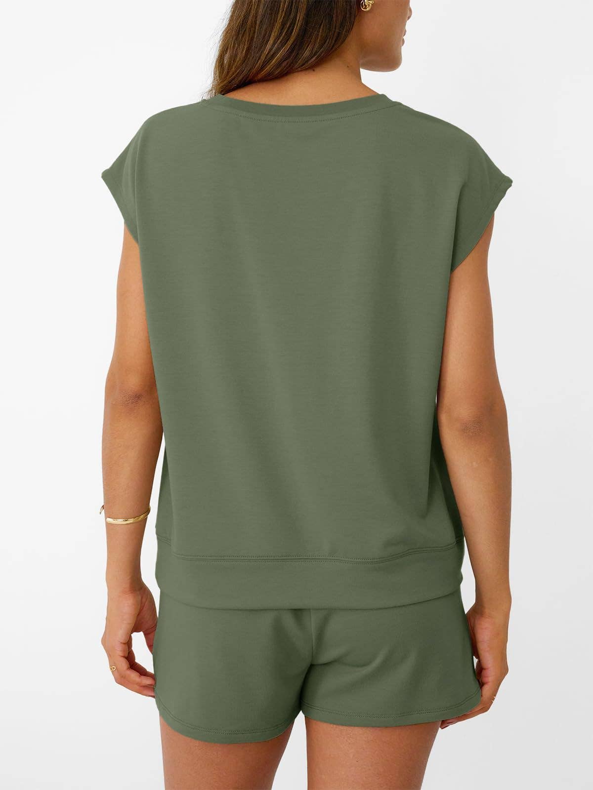 Casual Lounge Set Cap Sleeve Top Drawstring Shorts: Black / 65%Polyester+30%Viscose+5%Elastane / XL