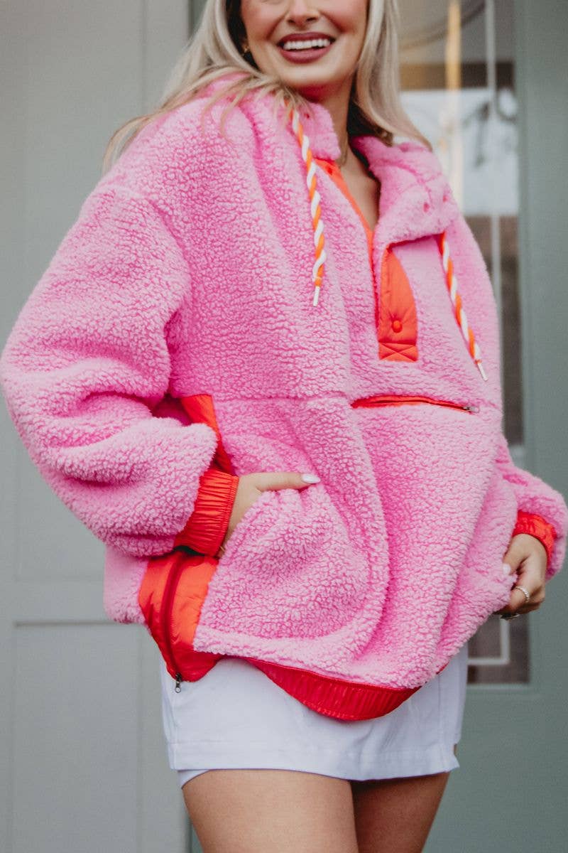 Pink Two-Toned Sherpa Pullover Hoodies: Pink / L