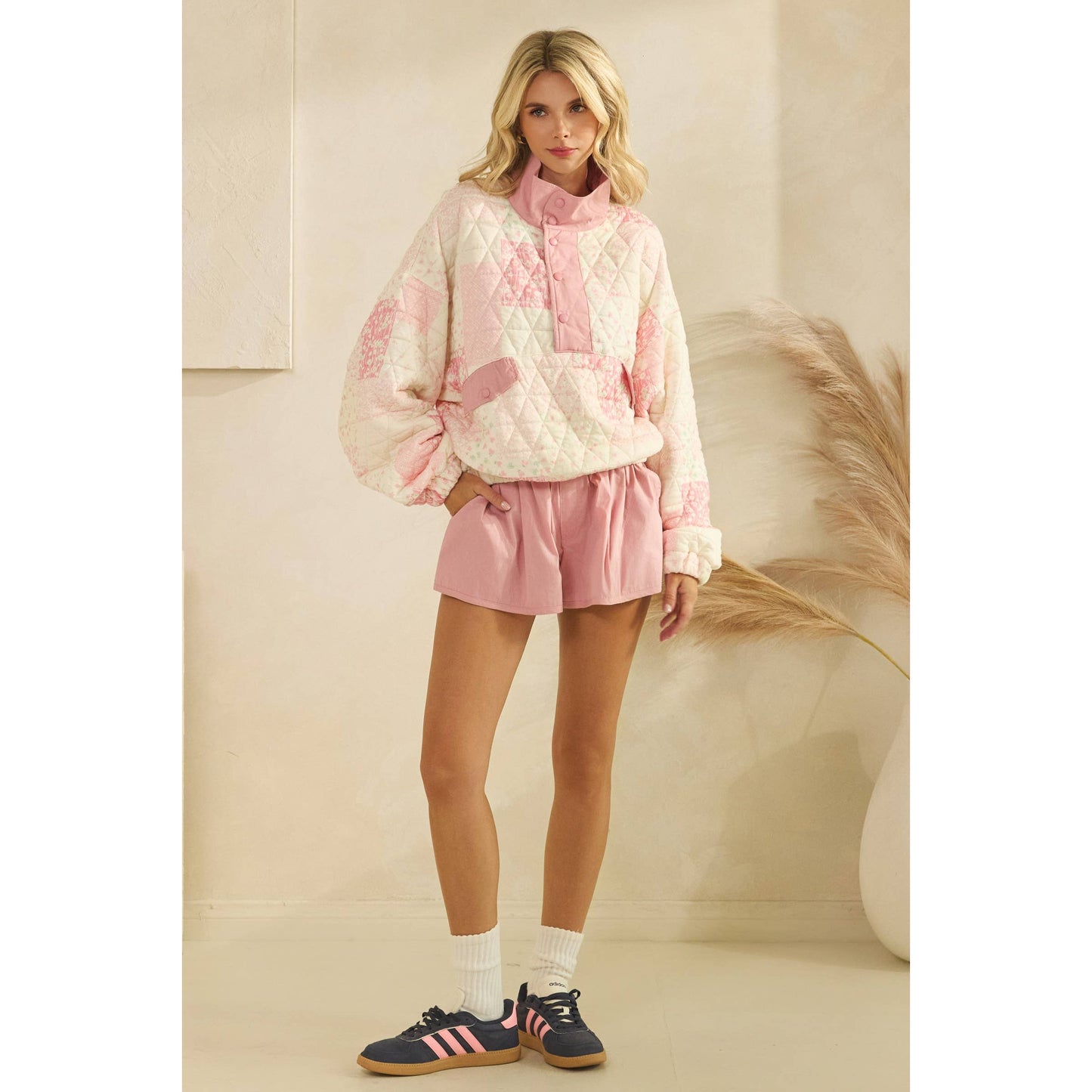 Textured Contrast printed Quarterzip Sweater: Pink Combo / L