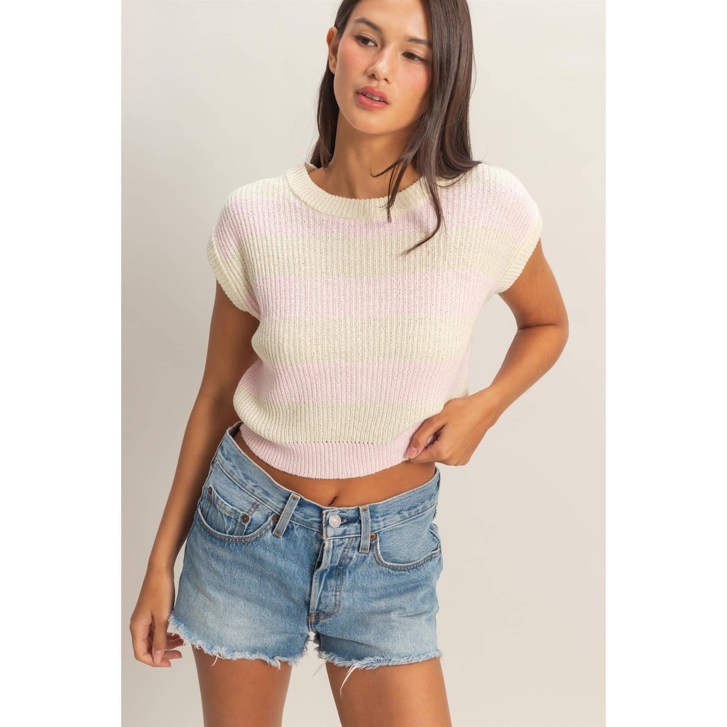 Striped Ribbed Knit Top: TAUPE / S-M-L(2-2-2)