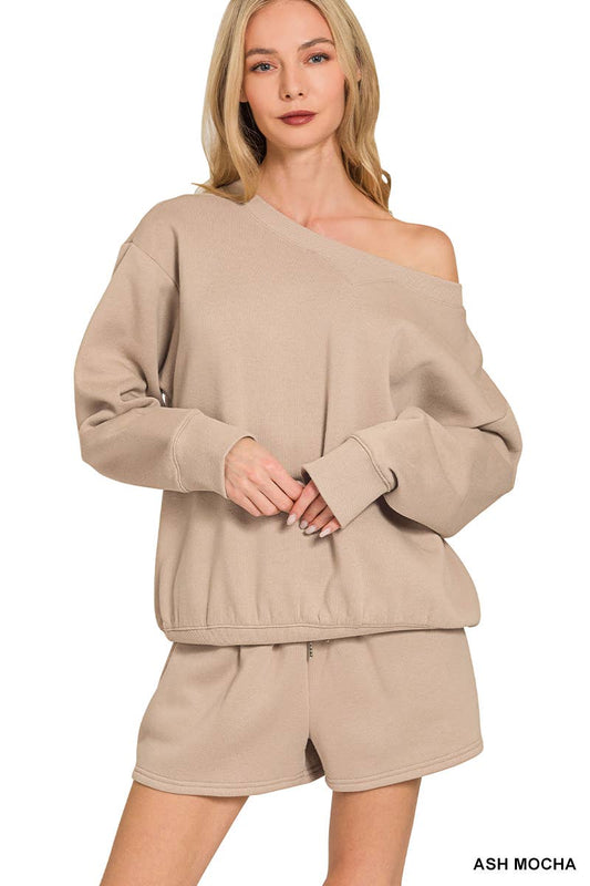 Fleece Sweatshirts & Drawstring Shorts 2pc Set Zenana: ASH MOCHA-186261 / S