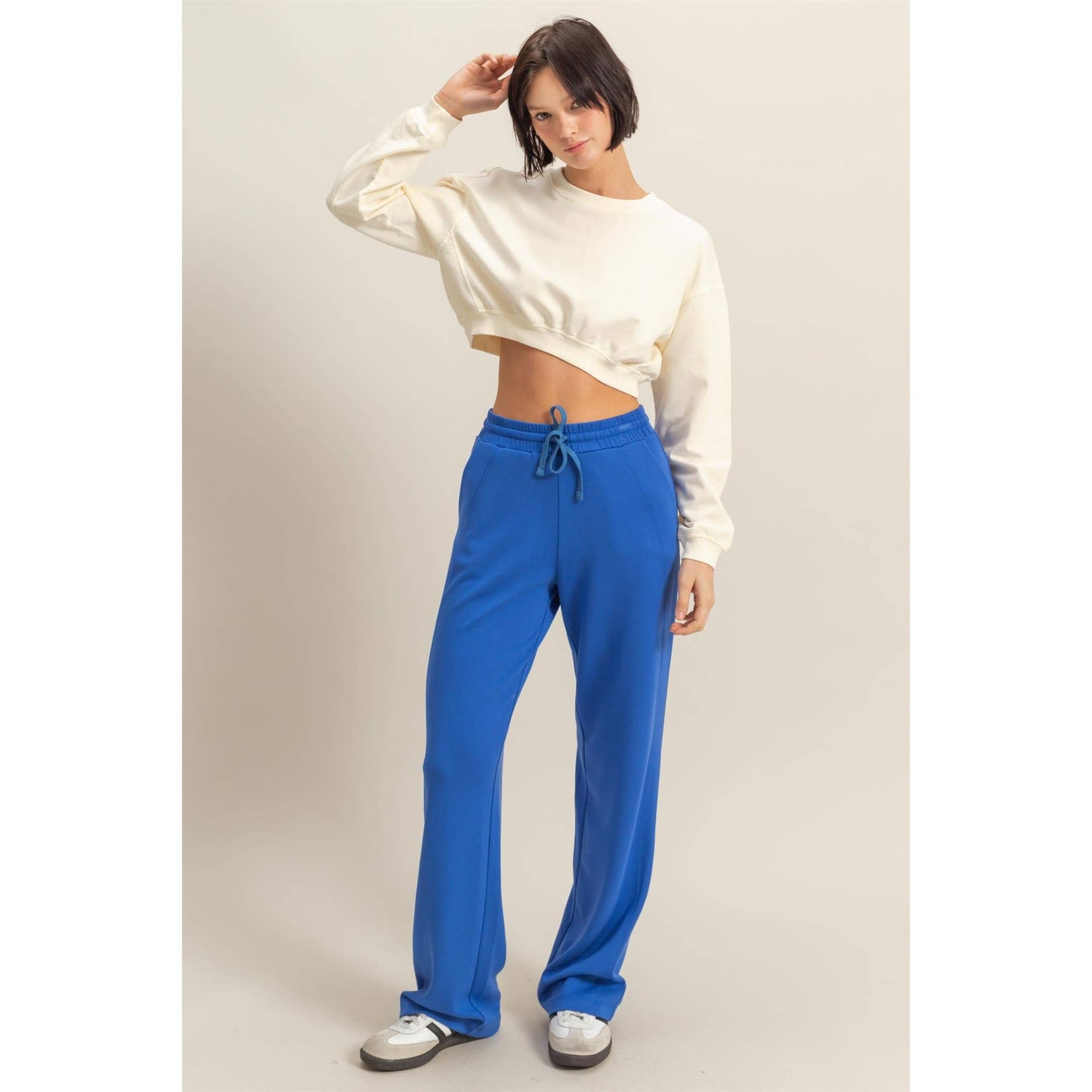 Crew Neck Long Sleeve Crop Sweatshirt: DUSTY INDIGO / S-M-L(2-2-2)