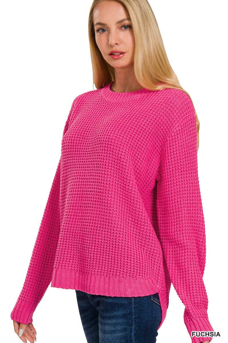 Hi-low Long Sleeve Round Neck Waffle Sweater: TURQUOISE / 1-1-1-1 (S-M-L-XL)