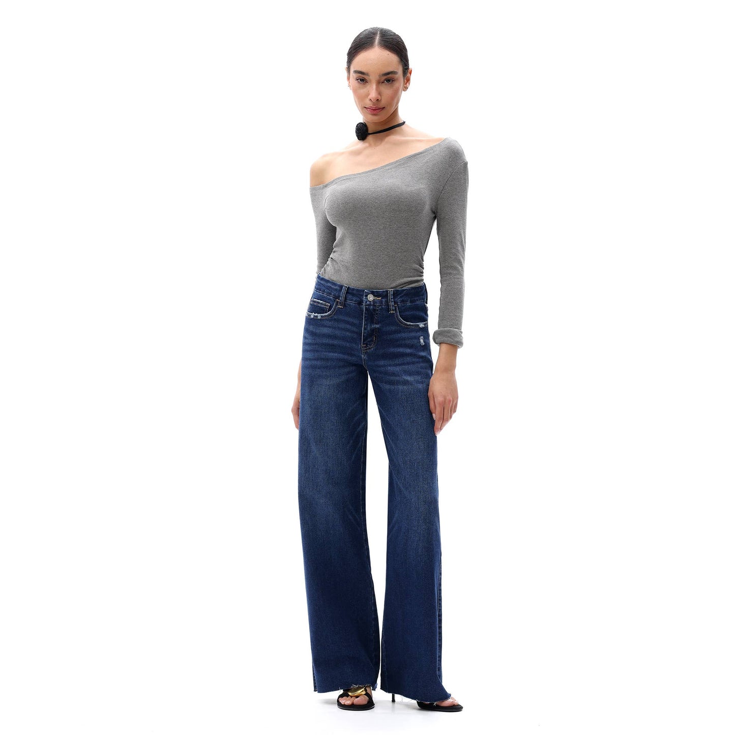 Mid Rise Wide Leg Jeans Raw Hem Vintage Distressed OSW8019: VINTAGE BLUE / 25