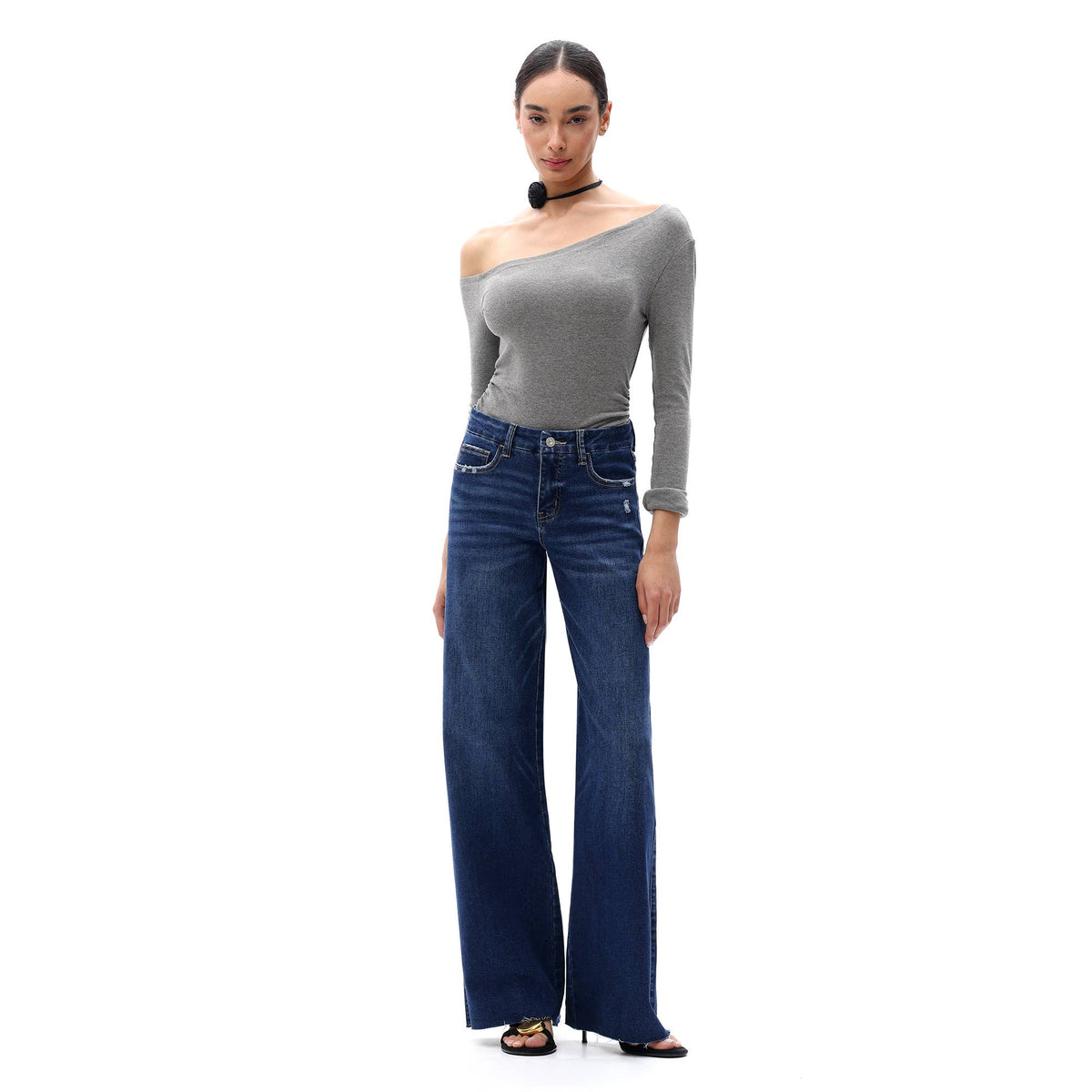 Mid Rise Wide Leg Jeans Raw Hem Vintage Distressed OSW8019: VINTAGE BLUE / 24