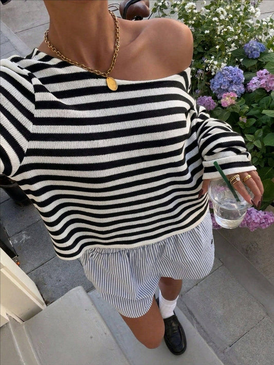 Colorblock Striped Knit Off The Shoulder Sweater Top: Black / XL