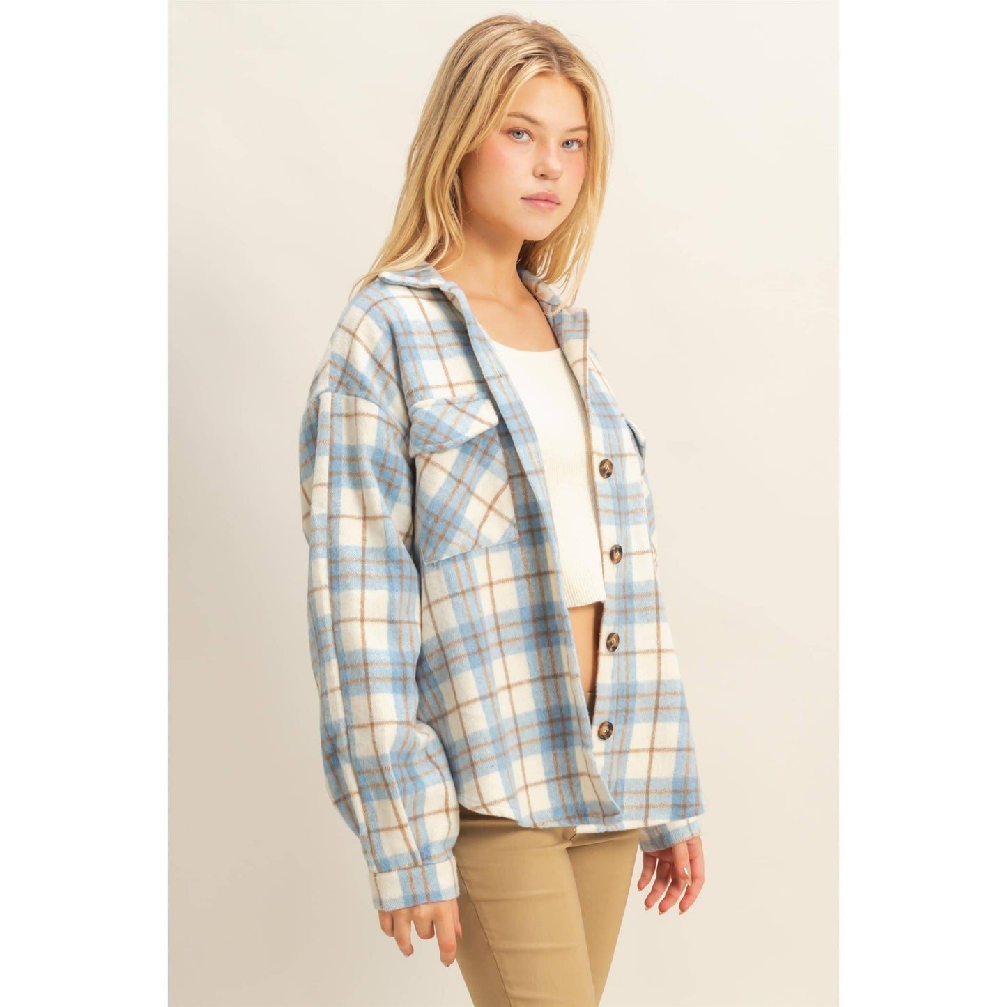 Collared Plaid Shacket: BLUE / S-M-L(2-2-2)