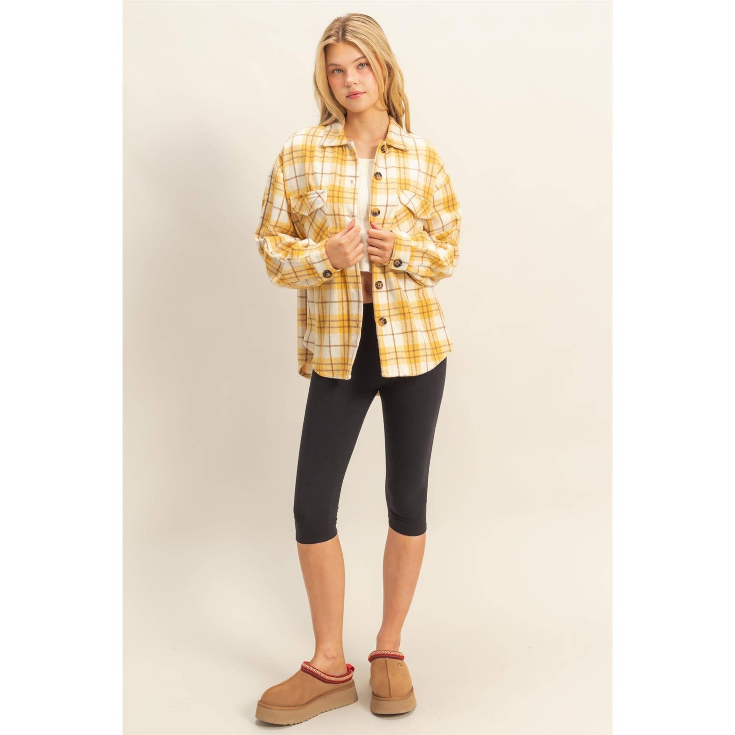Collared Plaid Shacket: BLUE / S-M-L(2-2-2)