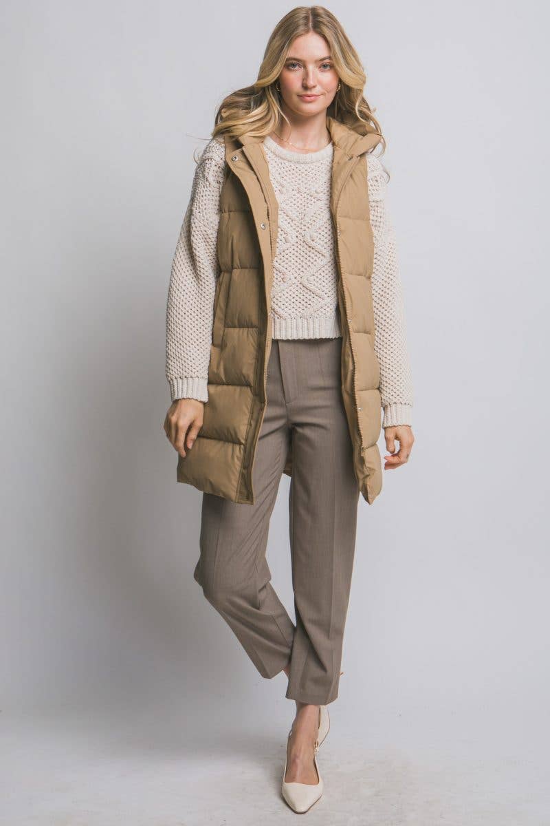 Hooded Long Quilted Puffer Vest: IVORY / 2-2-2(S-M-L)