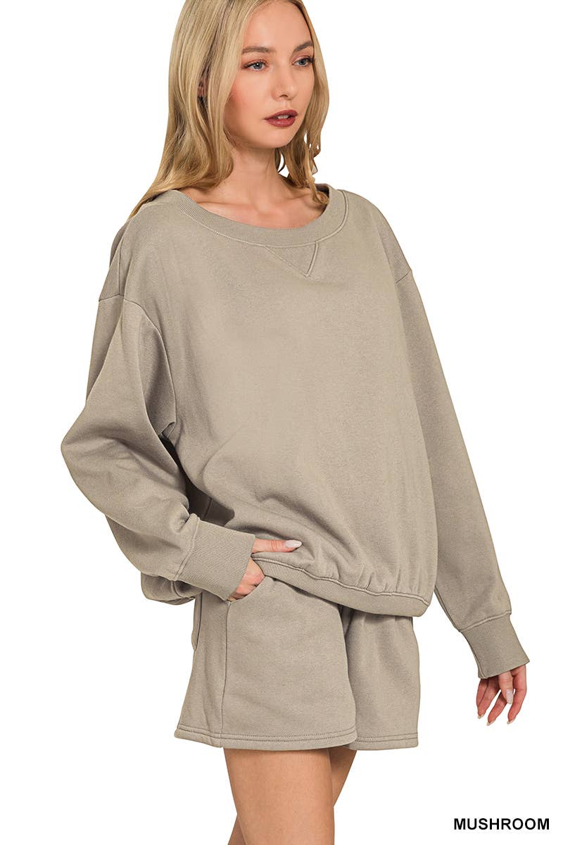 Fleece Sweatshirts & Drawstring Shorts 2pc Set Zenana: ASH MOCHA-186261 / M