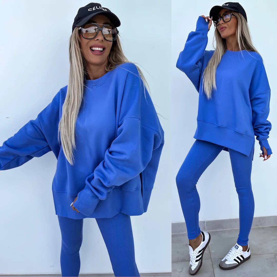 Oversized Sweatshirt and Leggings Two Piece Set: Blue / 100%Polyester / L