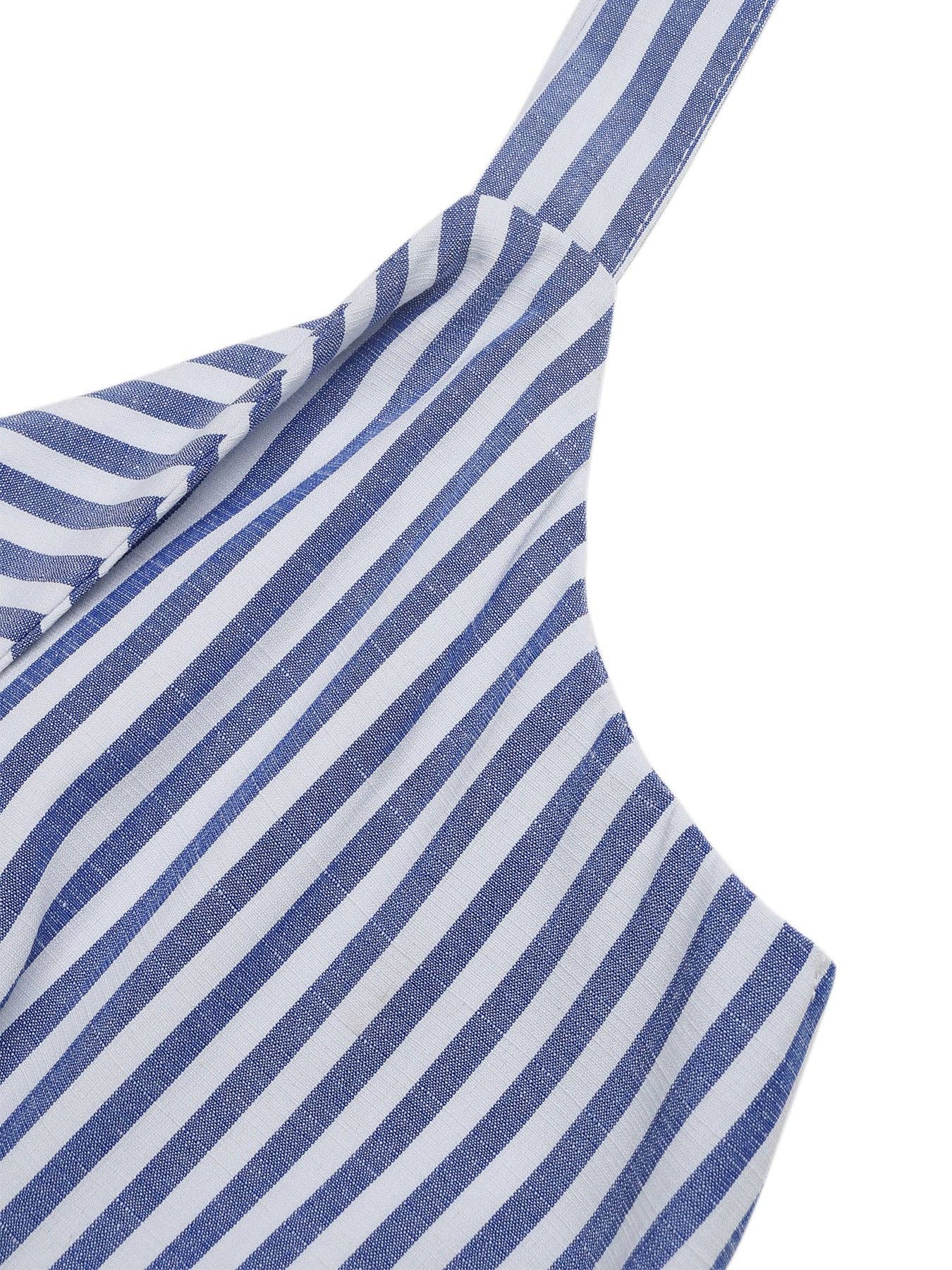 Striped Cutout Wide Leg Jumpsuit V Neck Summer Outfit: Blue / 50% Cotton + 50% Polyester / S