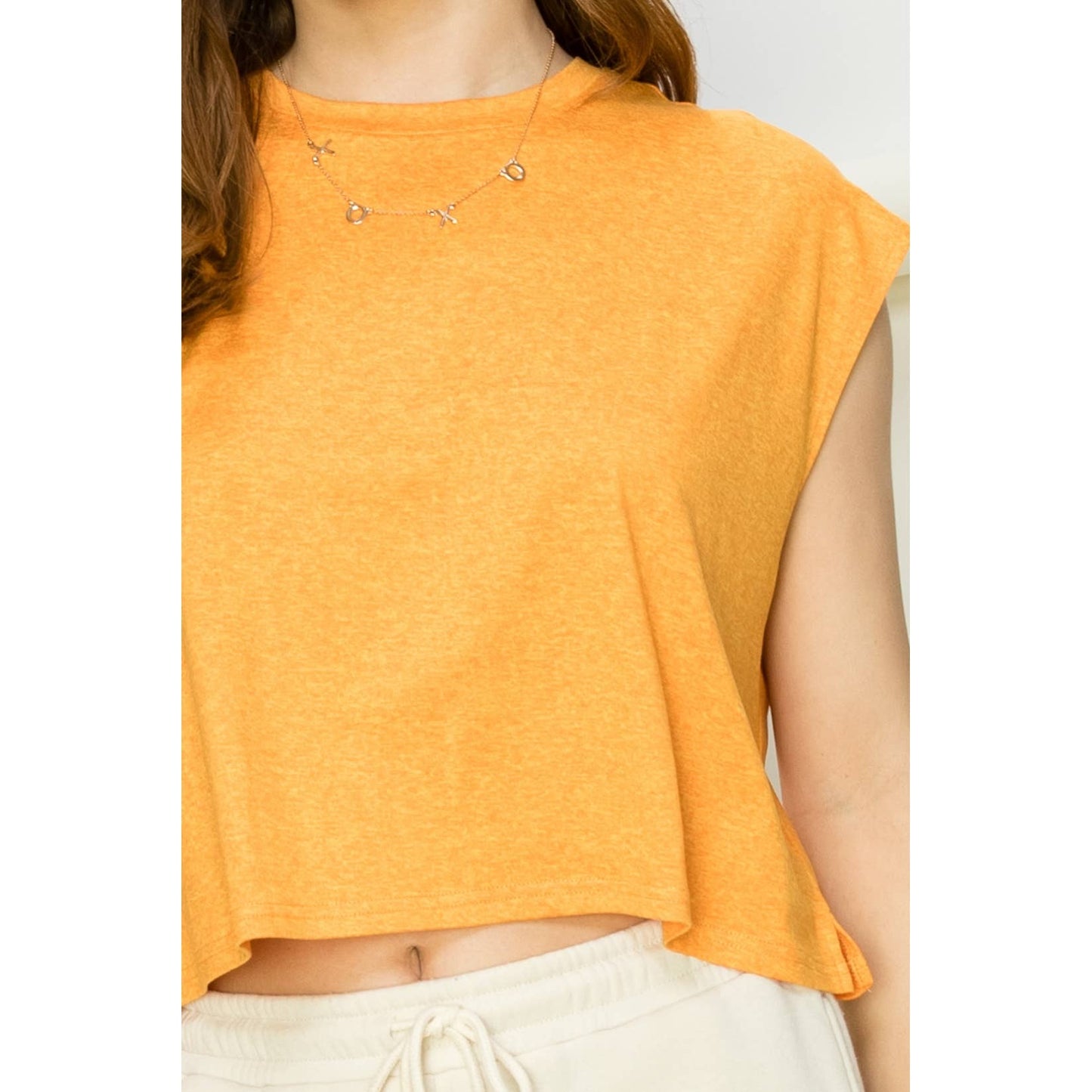 Crew Neck Cropped Top: KHAKI / S-M-L(2-2-2)