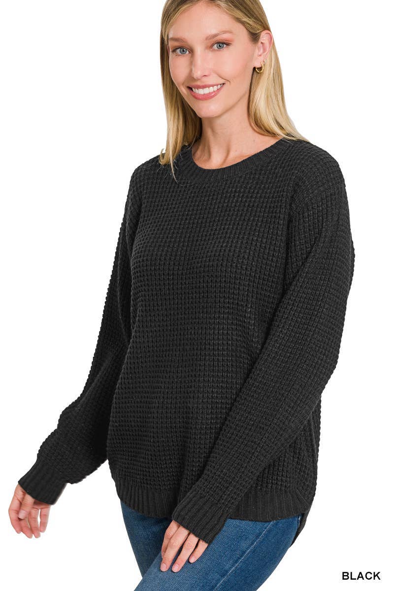 Hi-low Long Sleeve Round Neck Waffle Sweater: TURQUOISE / 1-1-1-1 (S-M-L-XL)