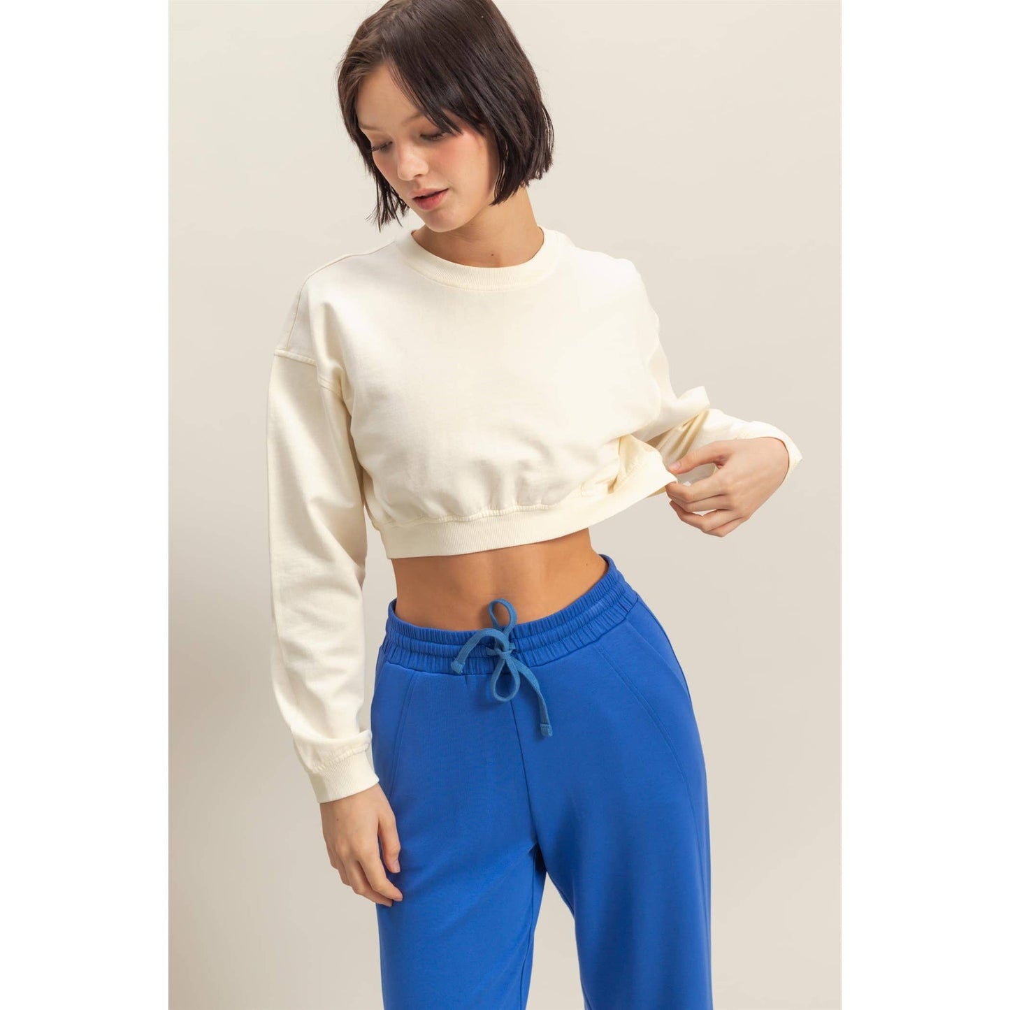 Crew Neck Long Sleeve Crop Sweatshirt: WISTERIA / S-M-L(2-2-2)