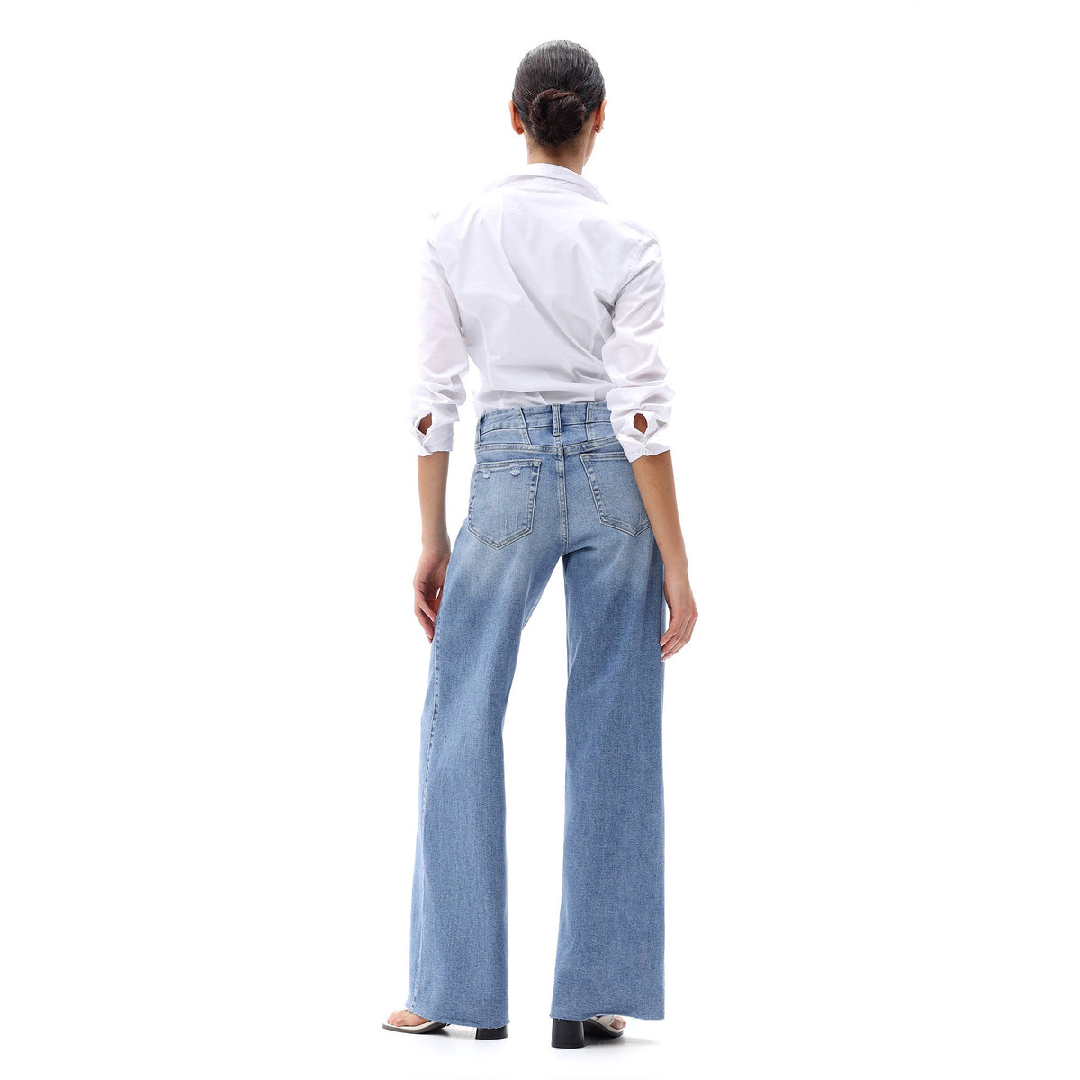 Mid Rise Wide Leg Jeans Raw Hem Vintage Distressed OSW8019: VINTAGE BLUE / 25
