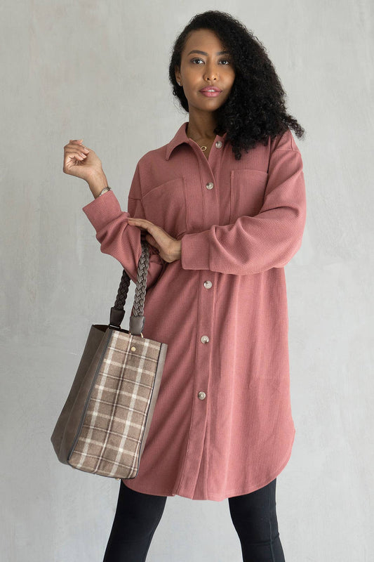 SKT2205 Edith Long Shacket with Pockets: Mauve / L/XL