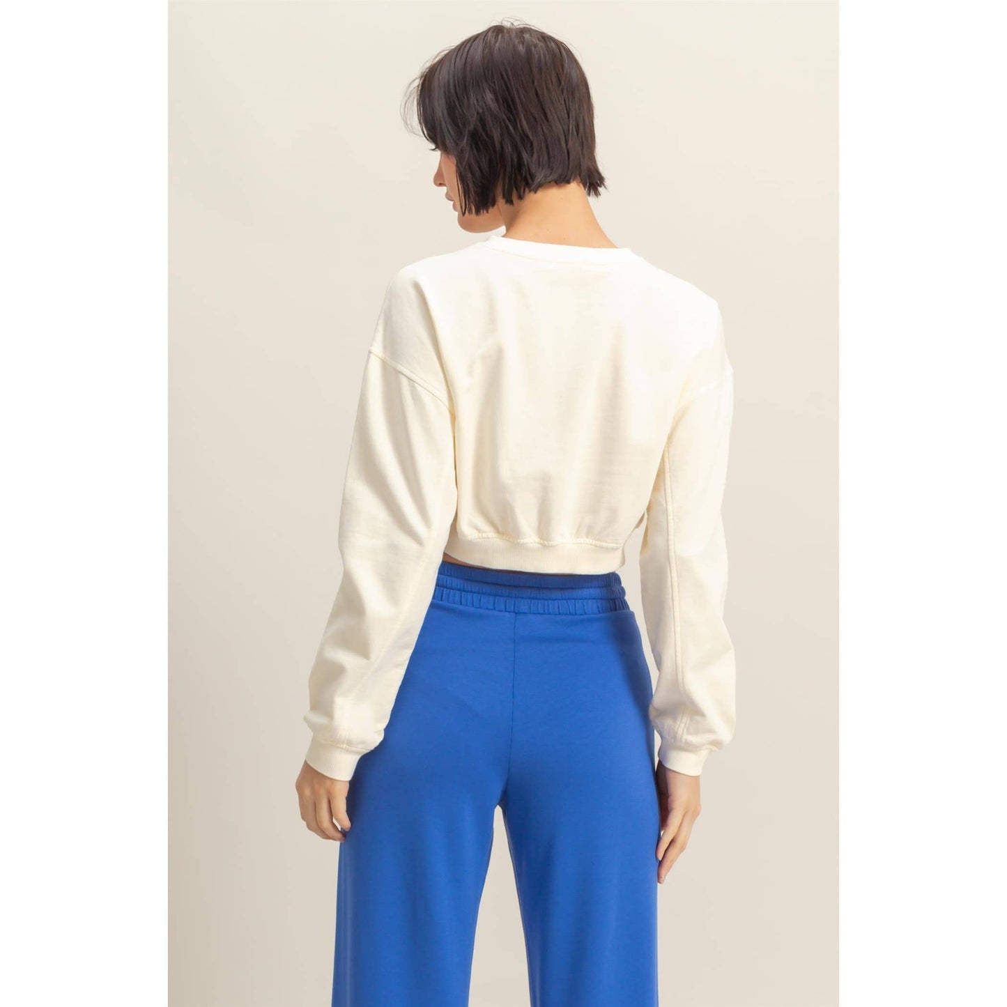 Crew Neck Long Sleeve Crop Sweatshirt: TURQUOISE / S-M-L(2-2-2)