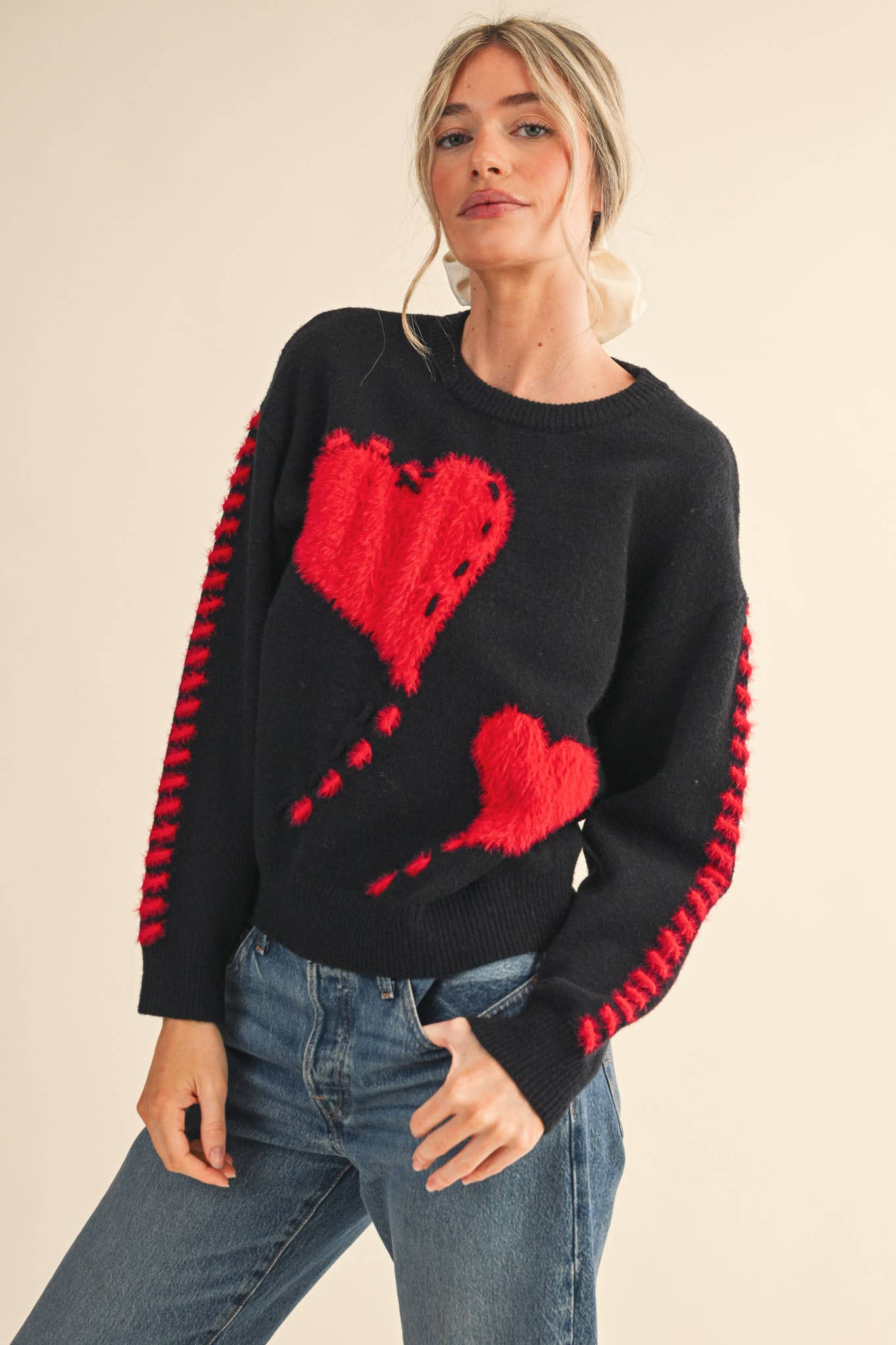 FUZZY HEART KNIT SWEATER WITH WHIP STITCH MSW10990: Red / L