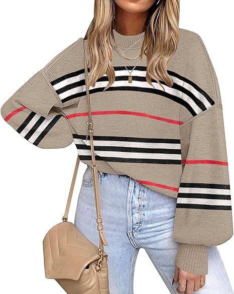 Retro Cozy Multi Striped Lantern Sleeves Knit Sweater: Camel / 2XL