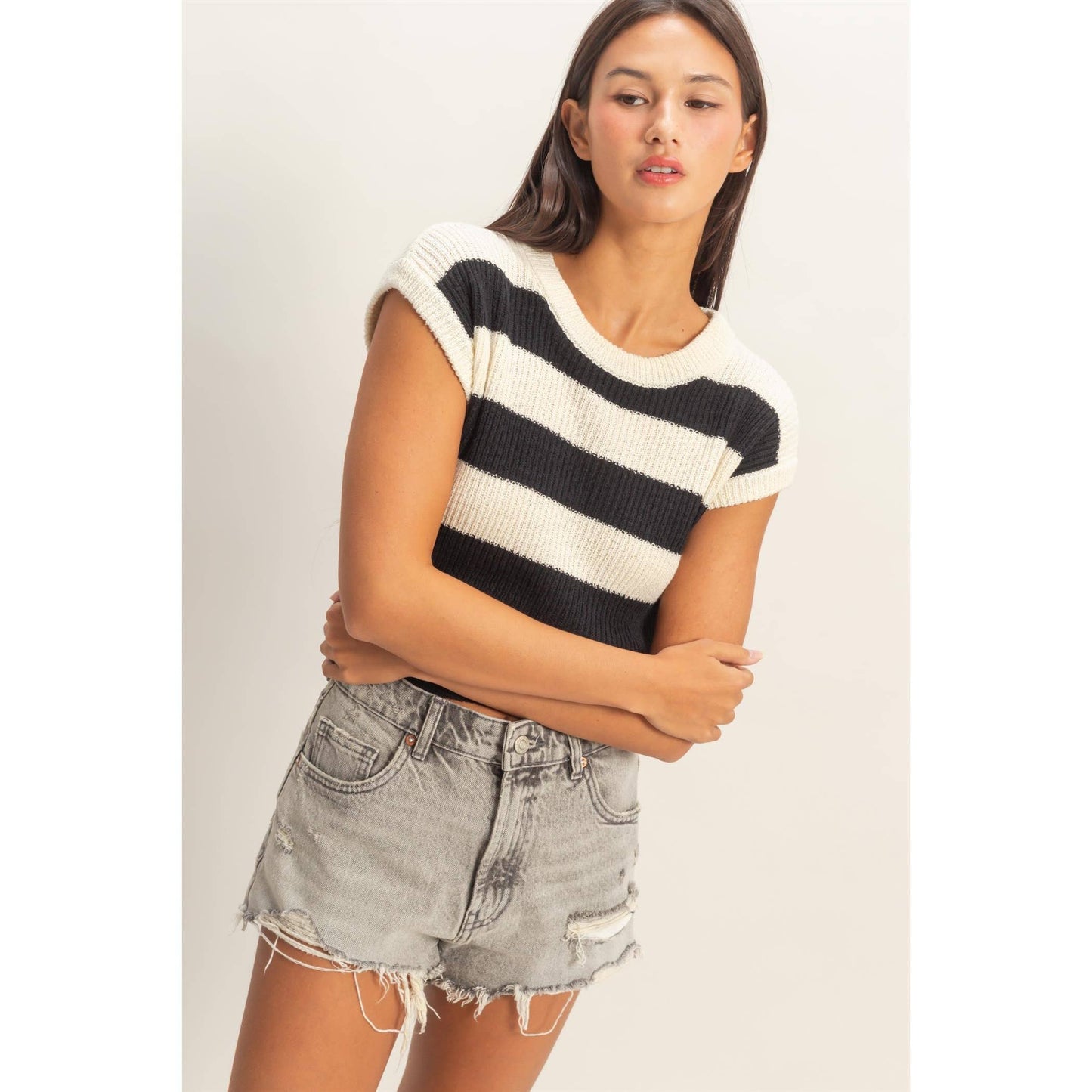 Striped Ribbed Knit Top: TAUPE / S-M-L(2-2-2)