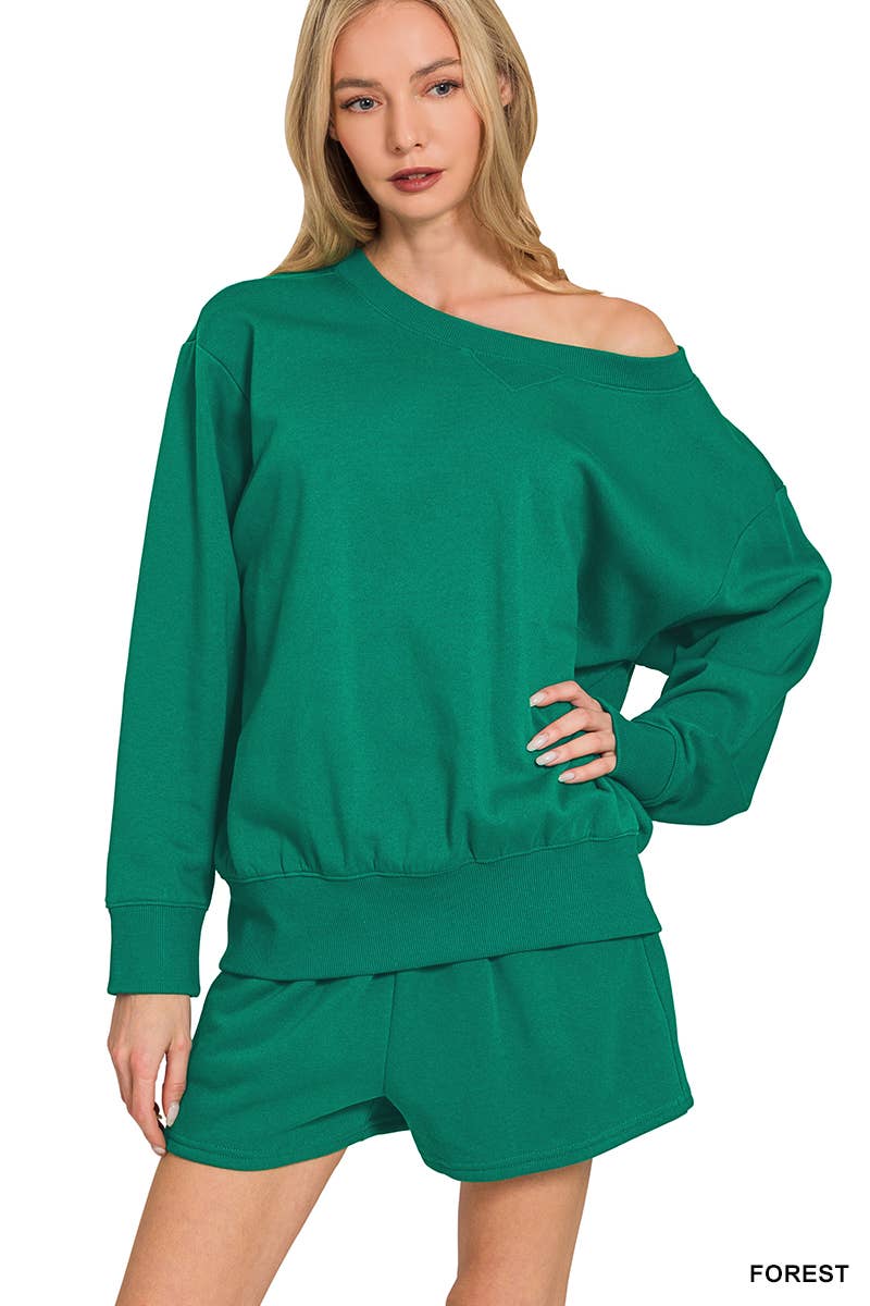 Fleece Sweatshirts & Drawstring Shorts 2pc Set Zenana: ASH MOCHA-186261 / L