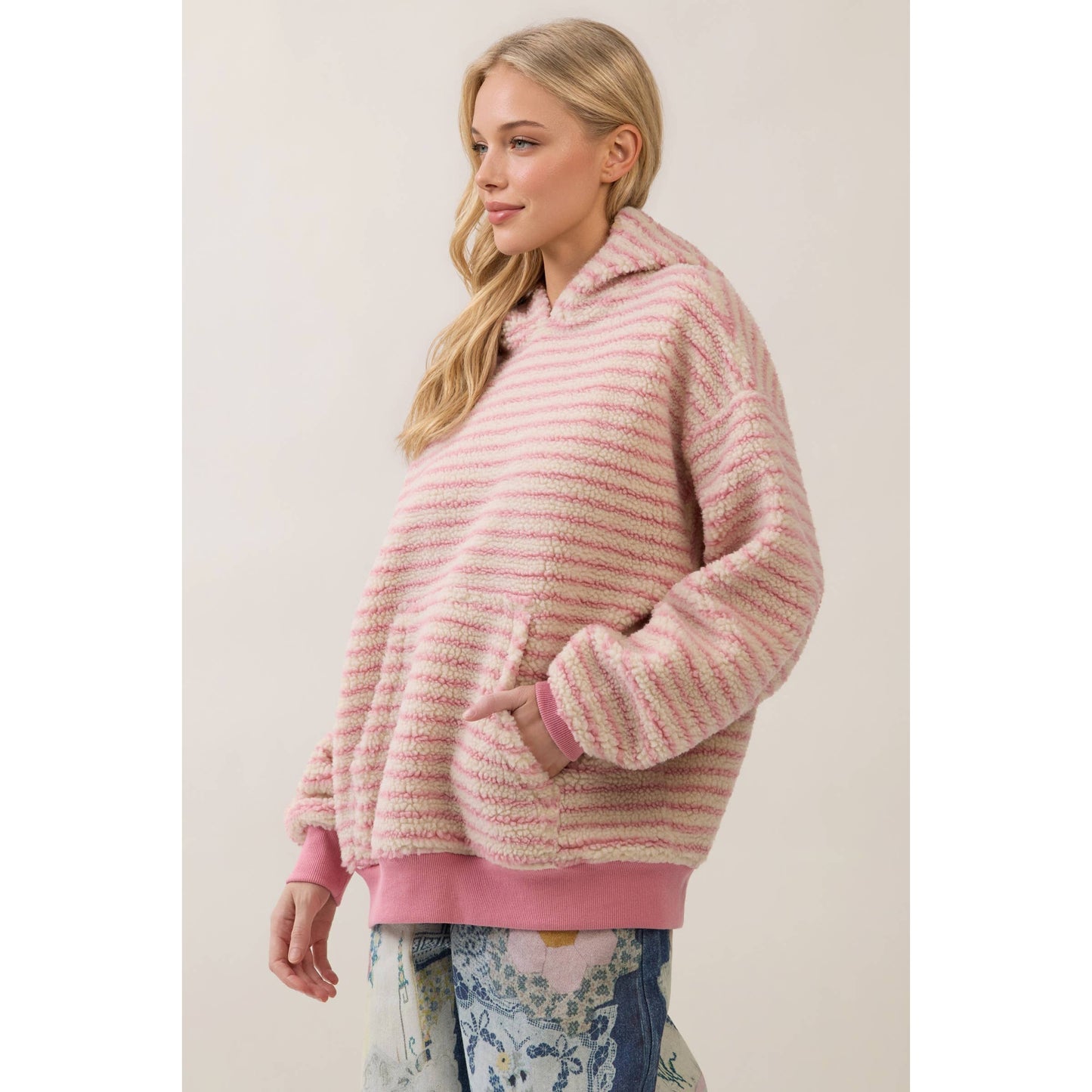 Teddy Striped Contrast Cozy Hoodie: Brown / M