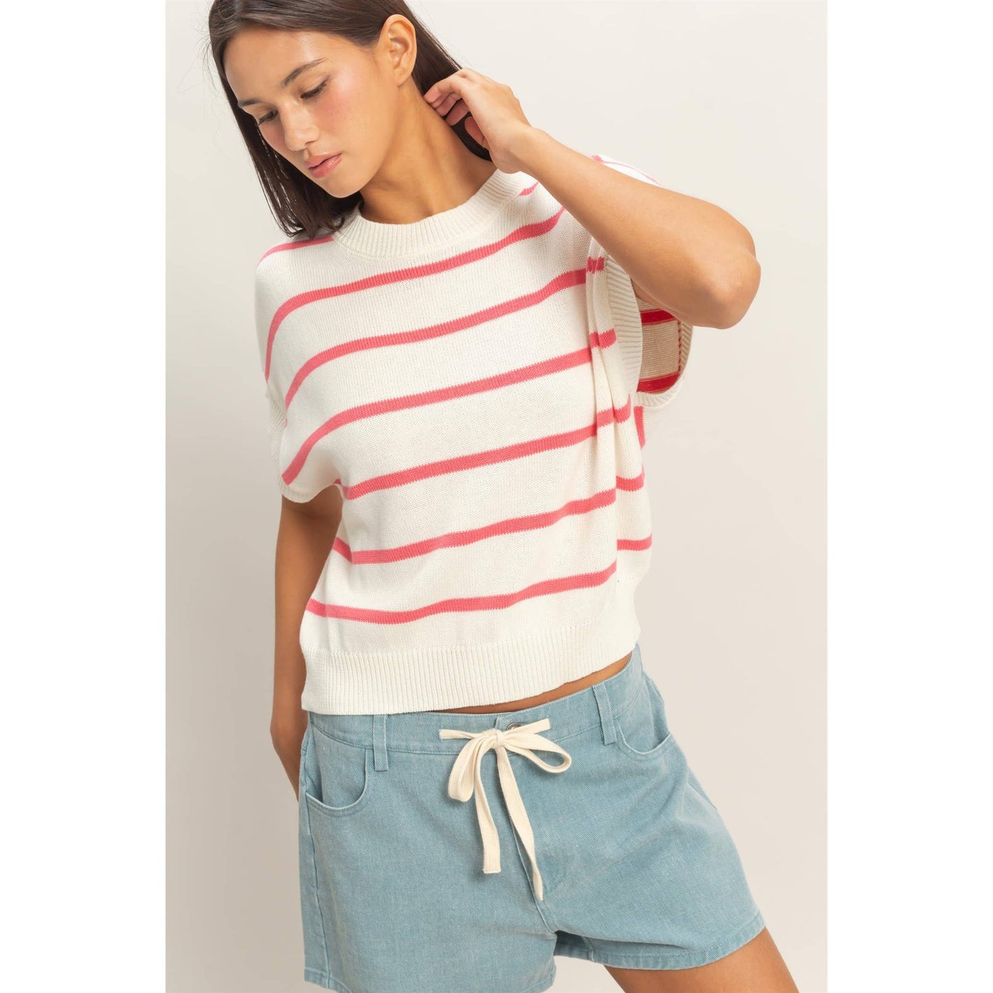 Striped Crew Neck Knit Top: BLUE / S-M-L(2-2-2)