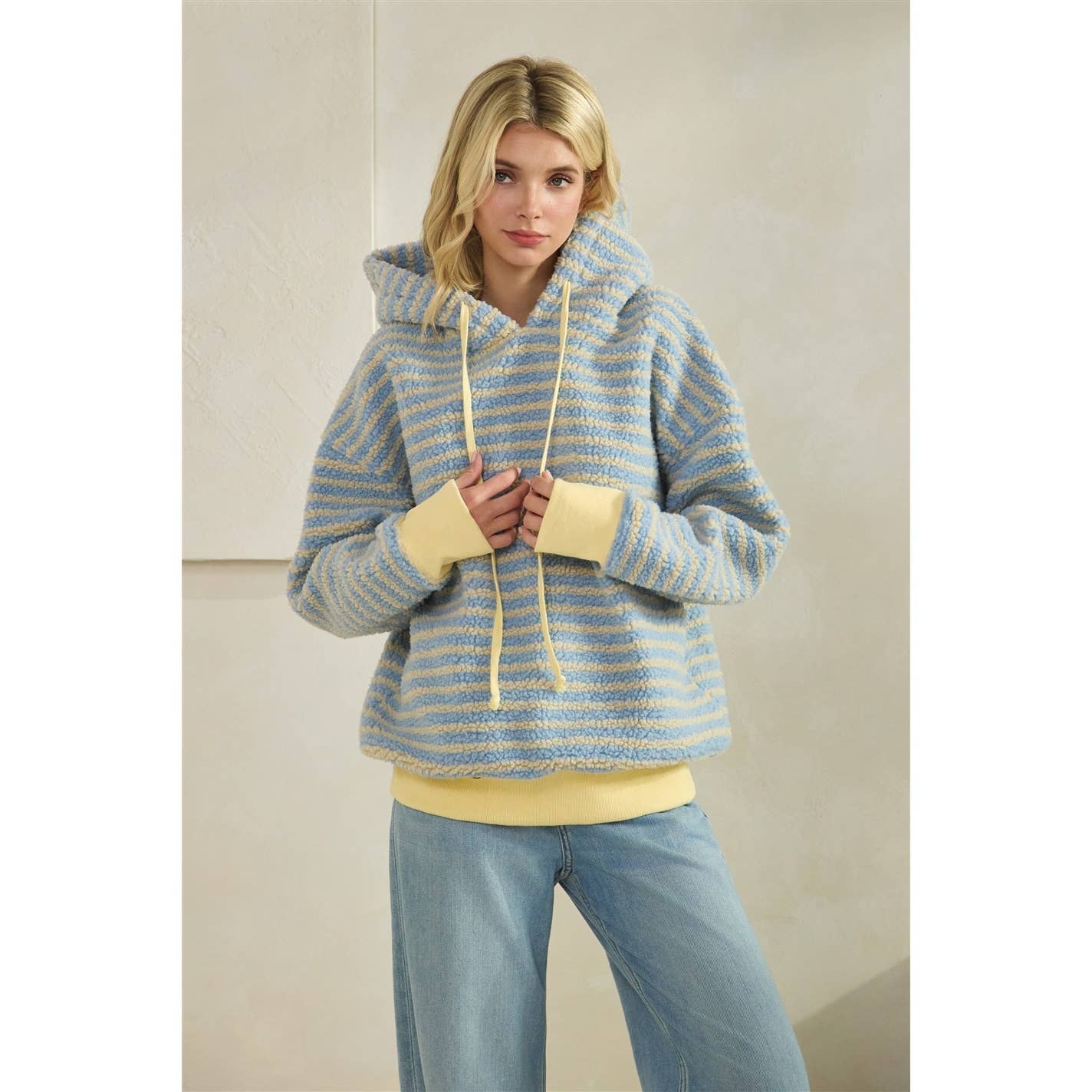 Teddy Striped Contrast Cozy Hoodie: Brown / S