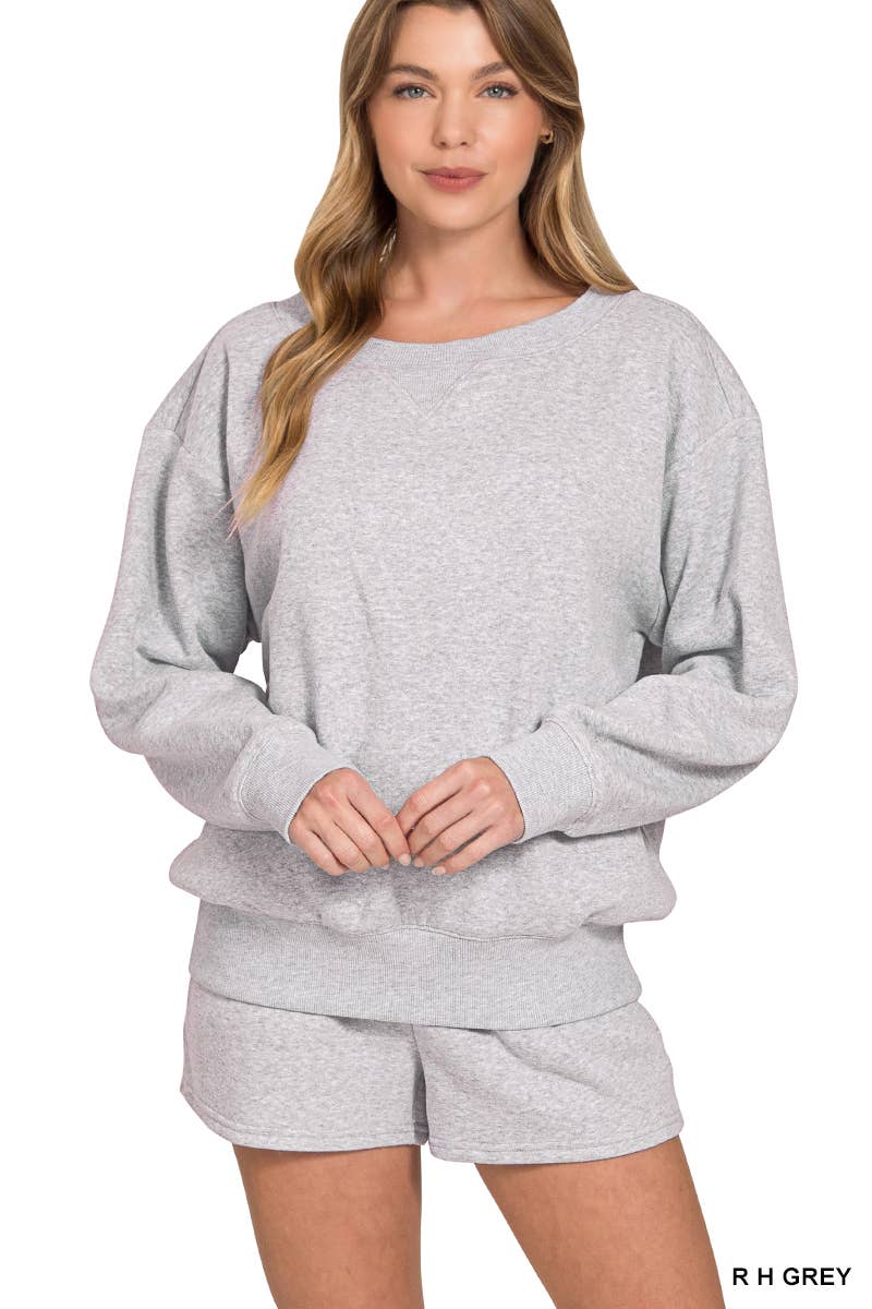 Fleece Sweatshirts & Drawstring Shorts 2pc Set Zenana: ASH MOCHA-186261 / L
