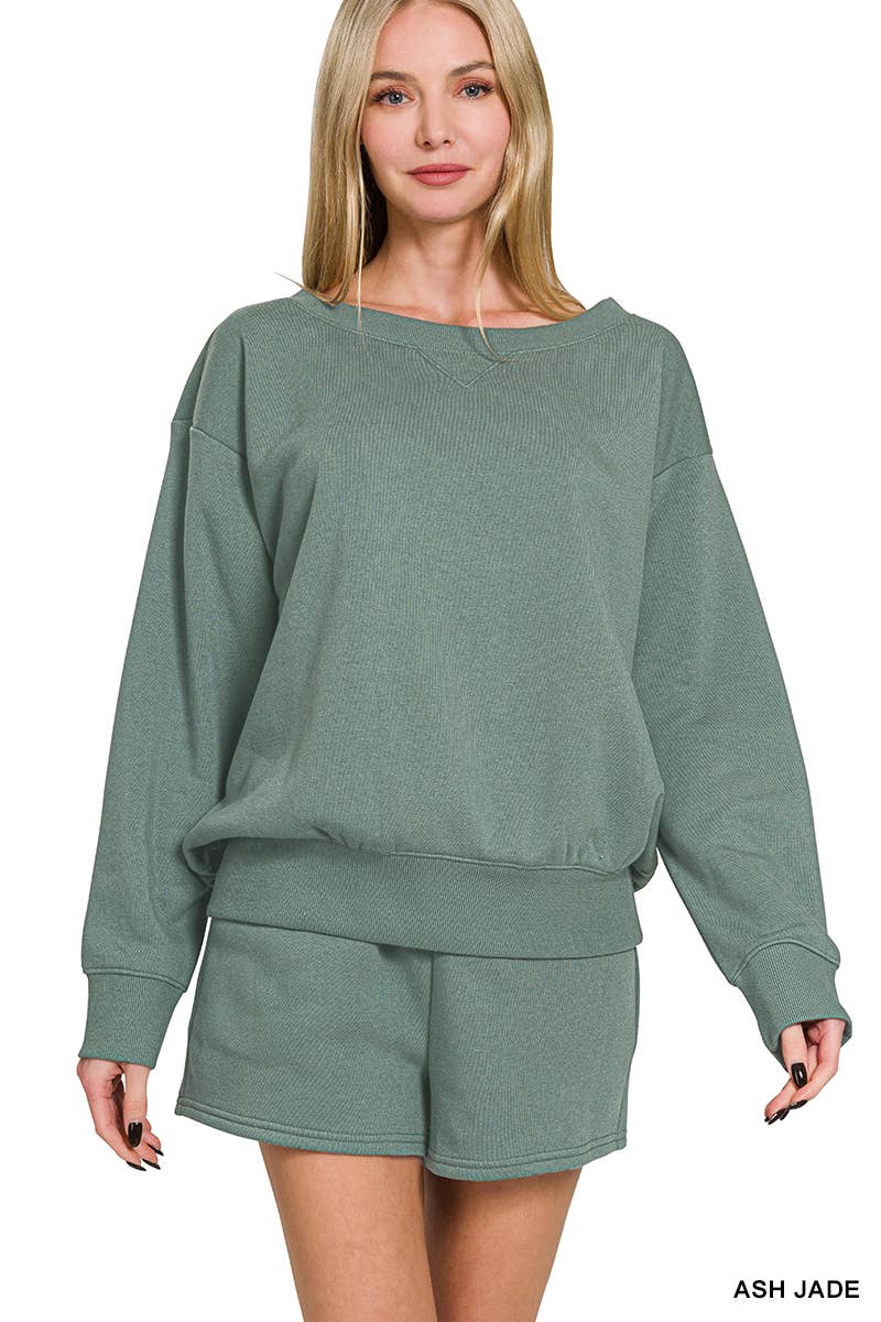 Fleece Sweatshirts & Drawstring Shorts 2pc Set Zenana: ASH MOCHA-186261 / M