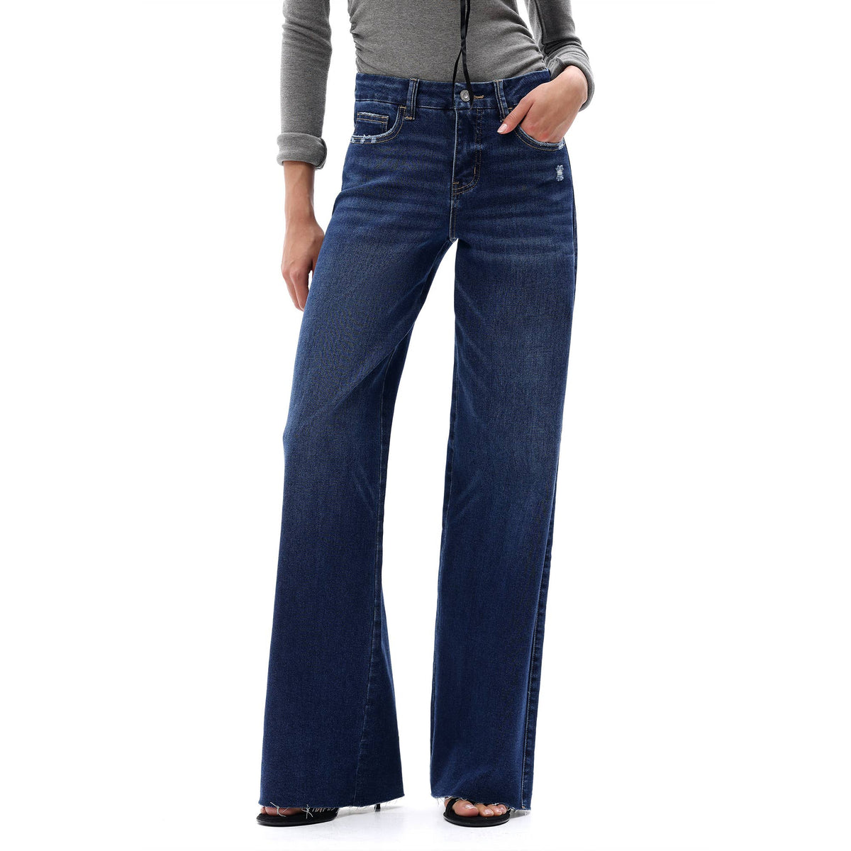 Mid Rise Wide Leg Jeans Raw Hem Vintage Distressed OSW8019: VINTAGE BLUE / 27