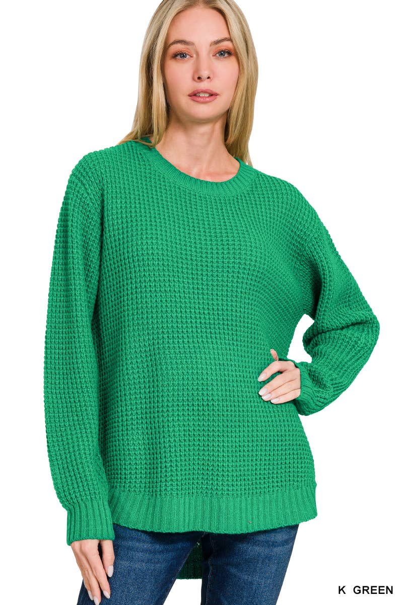 Hi-low Long Sleeve Round Neck Waffle Sweater: TURQUOISE / 1-1-1-1 (S-M-L-XL)