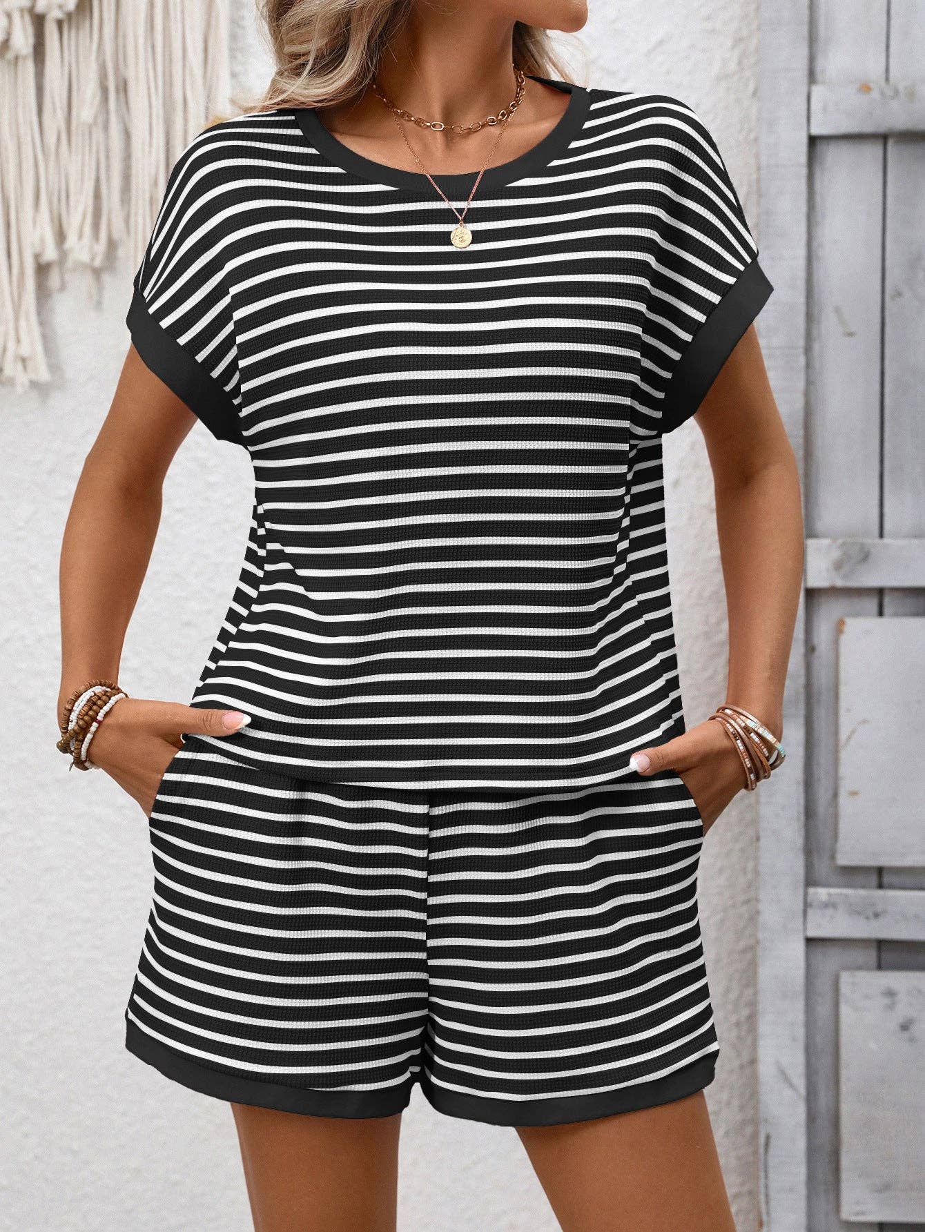 Striped Short Sleeve Top & Shorts Lounge Set: Dark Pink / 65%Viscose + 35%POLYESTER / L