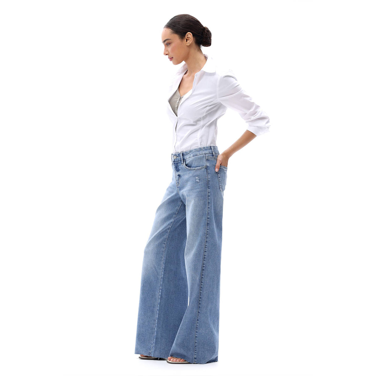 Mid Rise Wide Leg Jeans Raw Hem Vintage Distressed OSW8019: VINTAGE BLUE / 24
