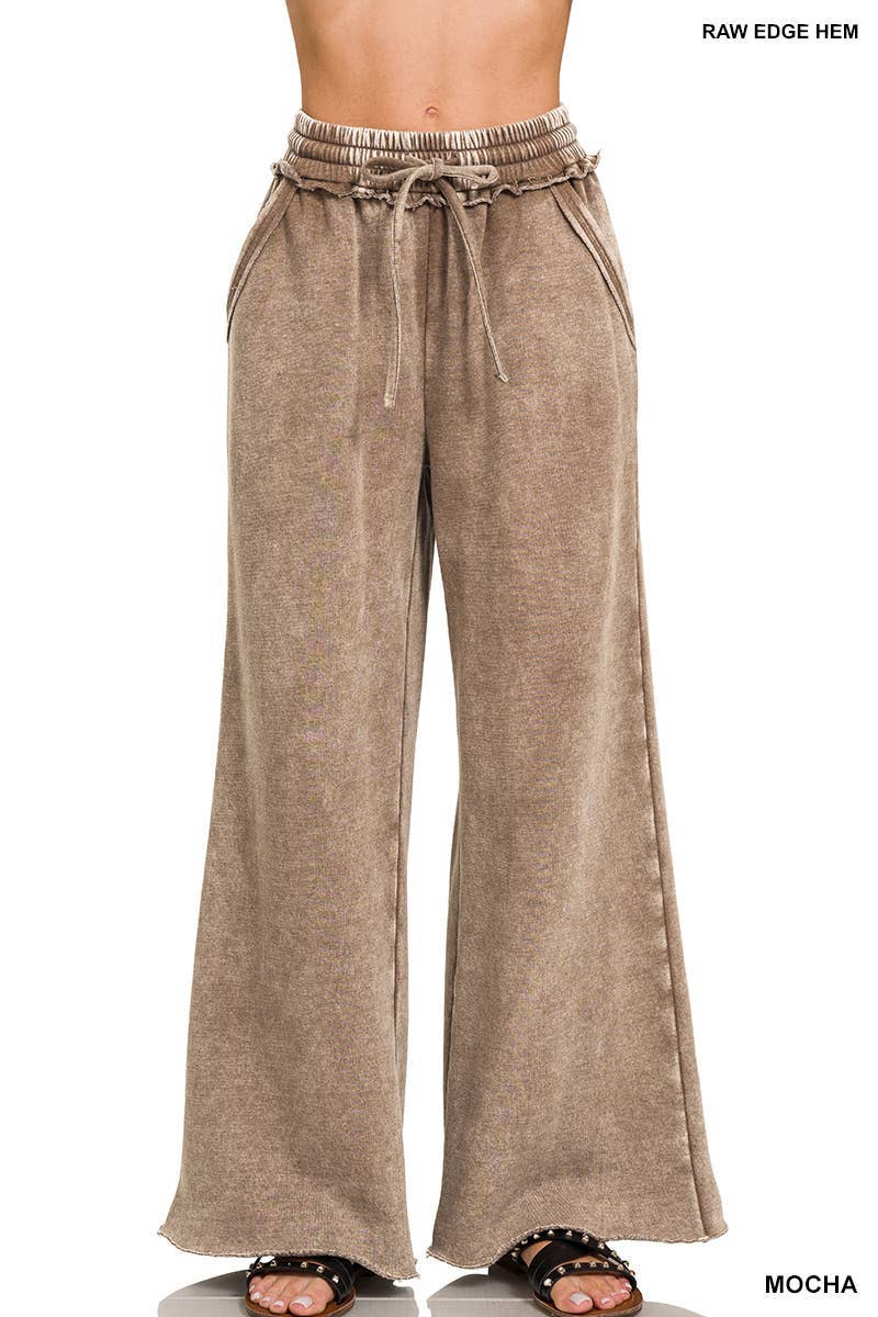 Acid Wash Fleece Palazzo Sweatpants With Pockets: BLACK / 2-2-2 (S-M-L)