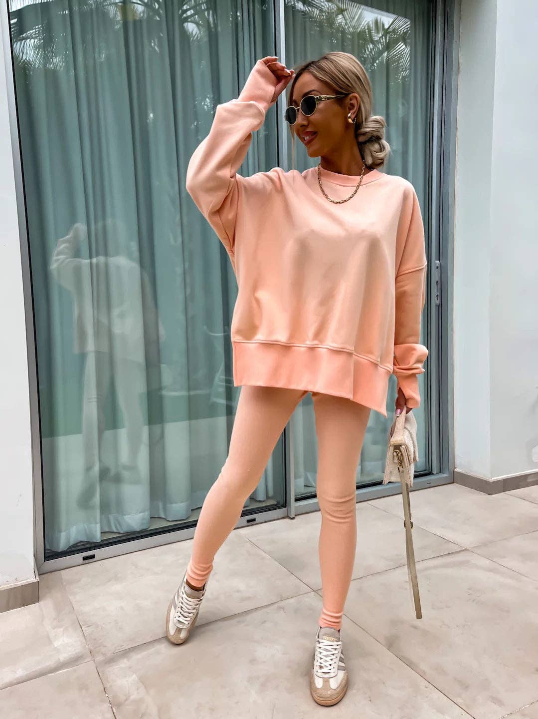 Oversized Sweatshirt and Leggings Two Piece Set: Blue / 100%Polyester / L