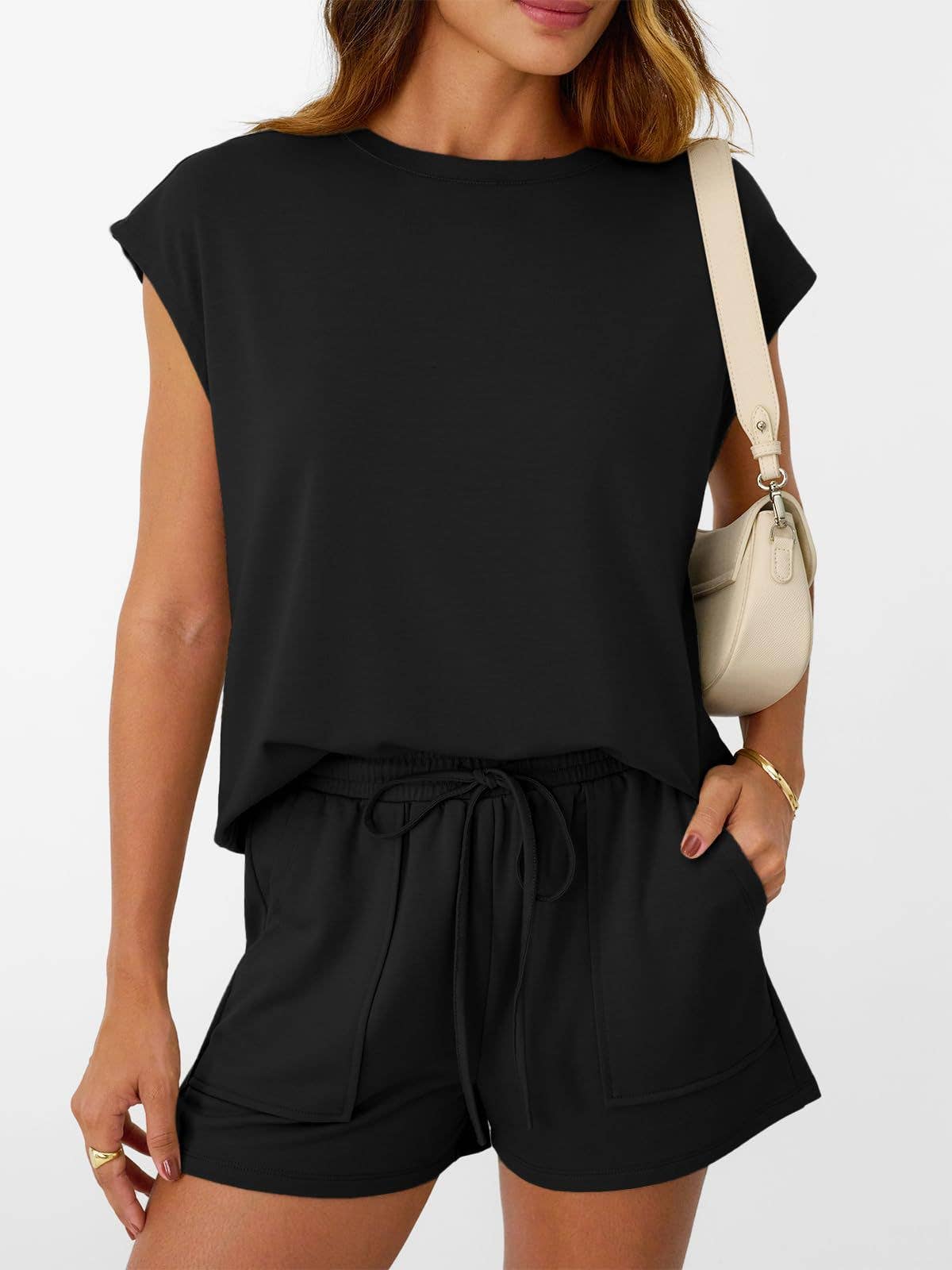 Casual Lounge Set Cap Sleeve Top Drawstring Shorts: Black / 65%Polyester+30%Viscose+5%Elastane / M