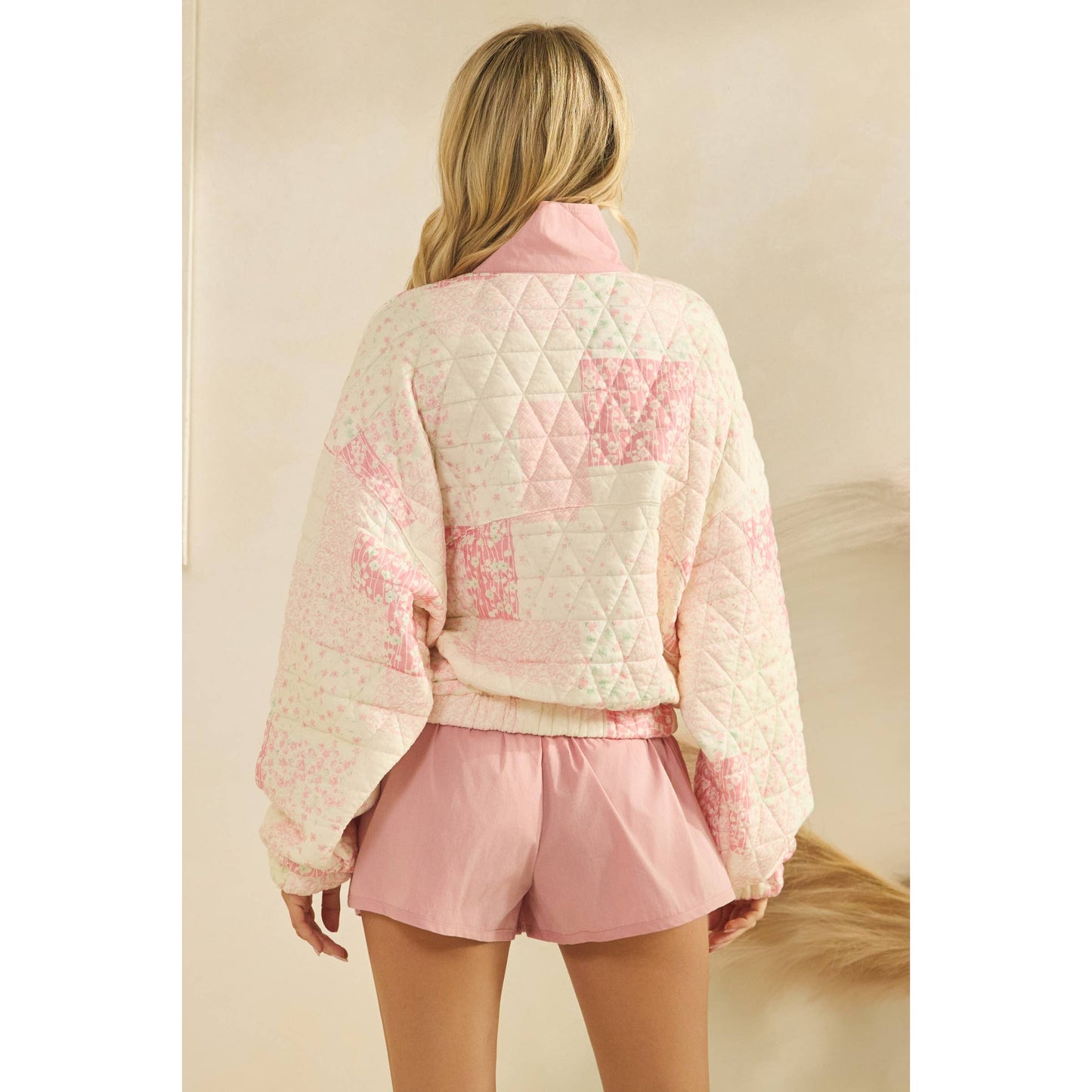 Textured Contrast printed Quarterzip Sweater: Pink Combo / M