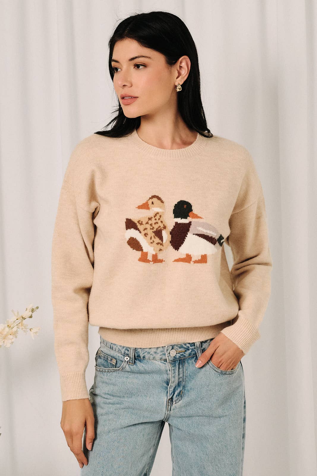 Round Neck Mallard Duck Graphic Long Sleeve Knit Sweater: LAVENDER / L
