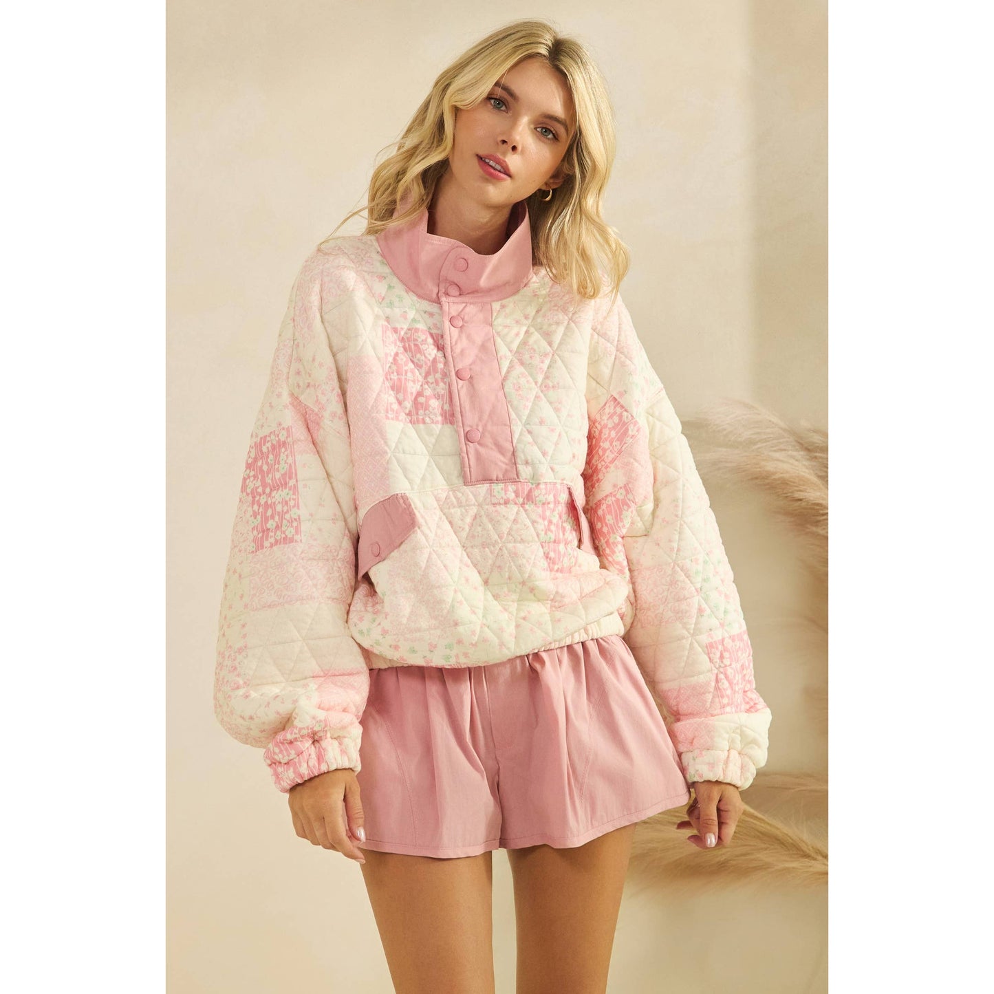 Textured Contrast printed Quarterzip Sweater: Pink Combo / L